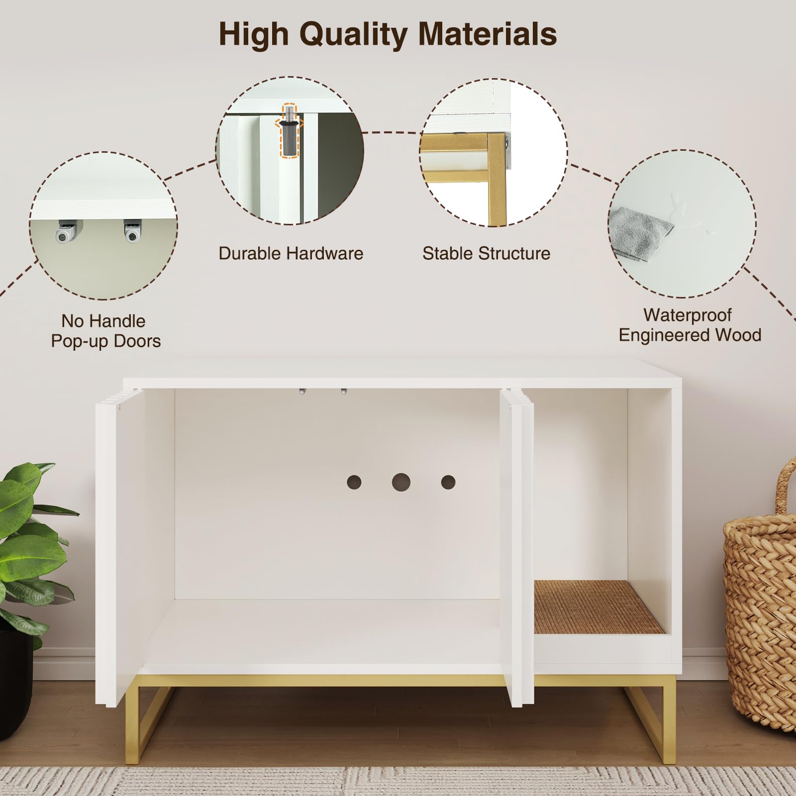Modern Cat Litter Box Enclosure Furniture - Hidden Litter Box with Scratch Pad, Washroom House End Table & Entryway Bench for Living Room - White | Stylish Pet Furniture for Small Spaces & Home Decor