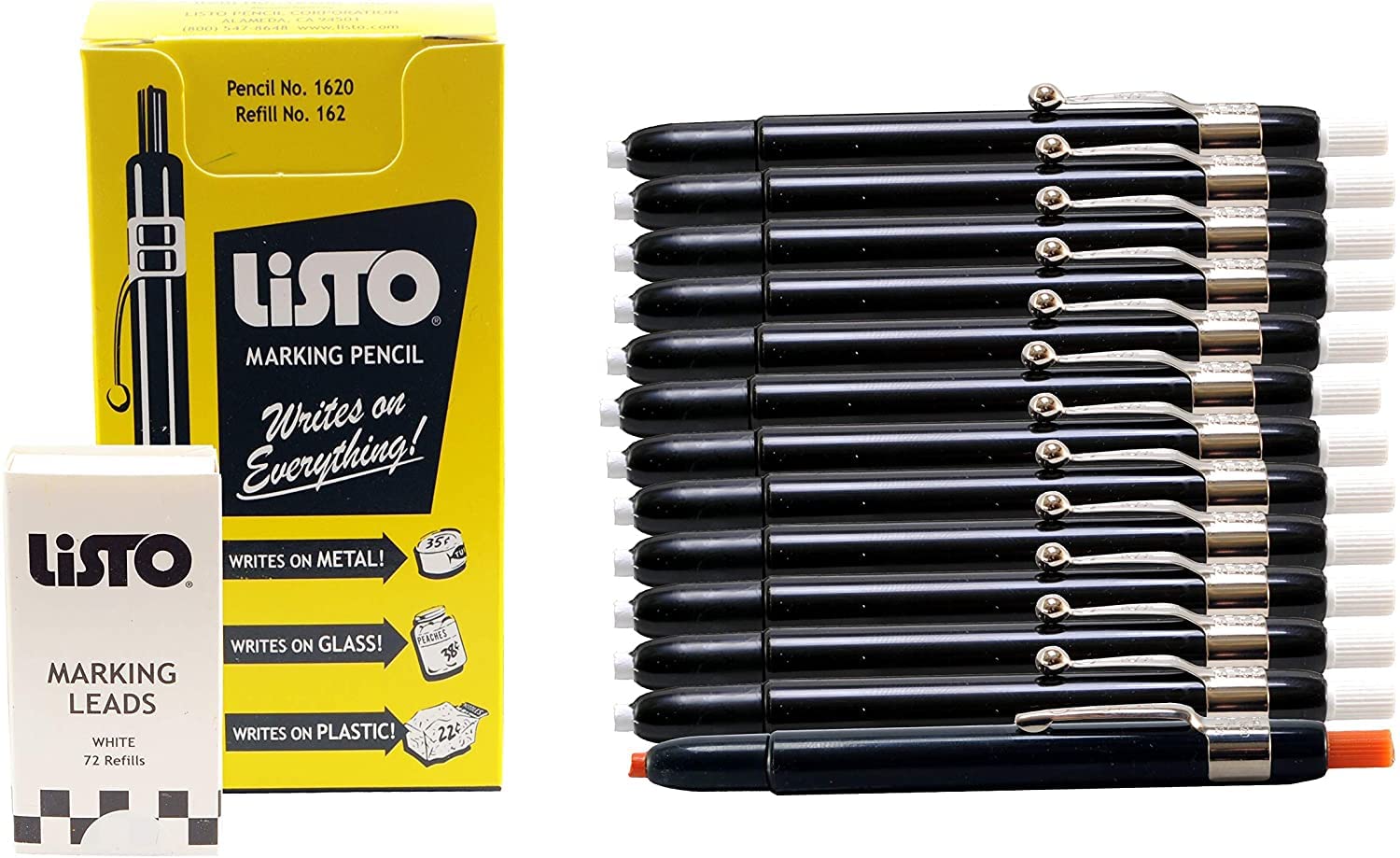 **Listo 1620 & 162 White Marking Pencils Kit - 12 Grease Pencils with 72 Refill Leads (Includes 1 Orange Pencil) - Ideal for Construction, Woodworking & Industrial Marking**