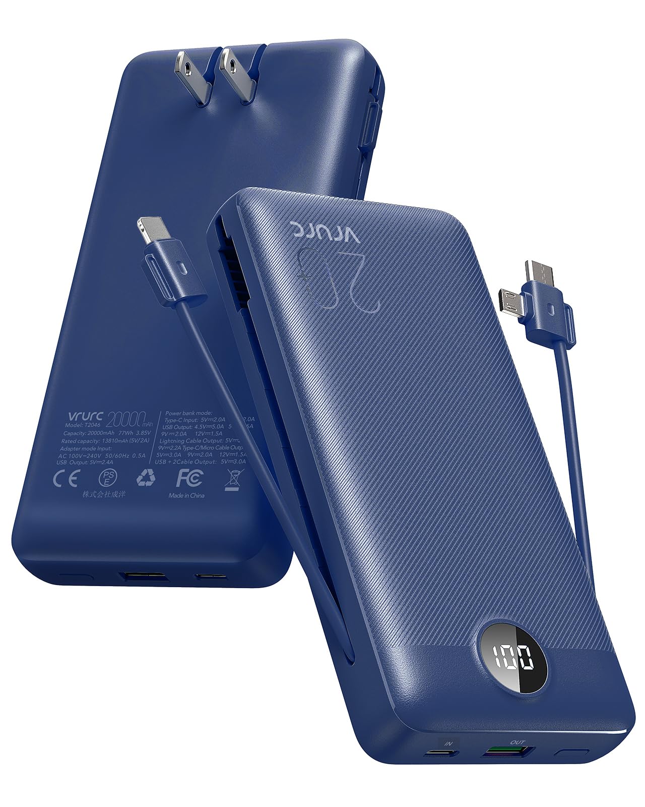 VRURC 20000mAh Portable Charger with USB-C Fast Charging, 4 Outputs & 2 Inputs Power Bank with LED Display - Built-in Wall Plug & Cables for iPhone Android Smartphones - Perfect for Travel, Camping, and Emergency Power Backup