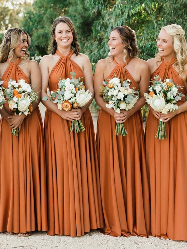 Elegant A-Line Burnt Orange Bridesmaid Dresses - Long Halter Backless Formal Gowns for Weddings, Prom & Evening Parties