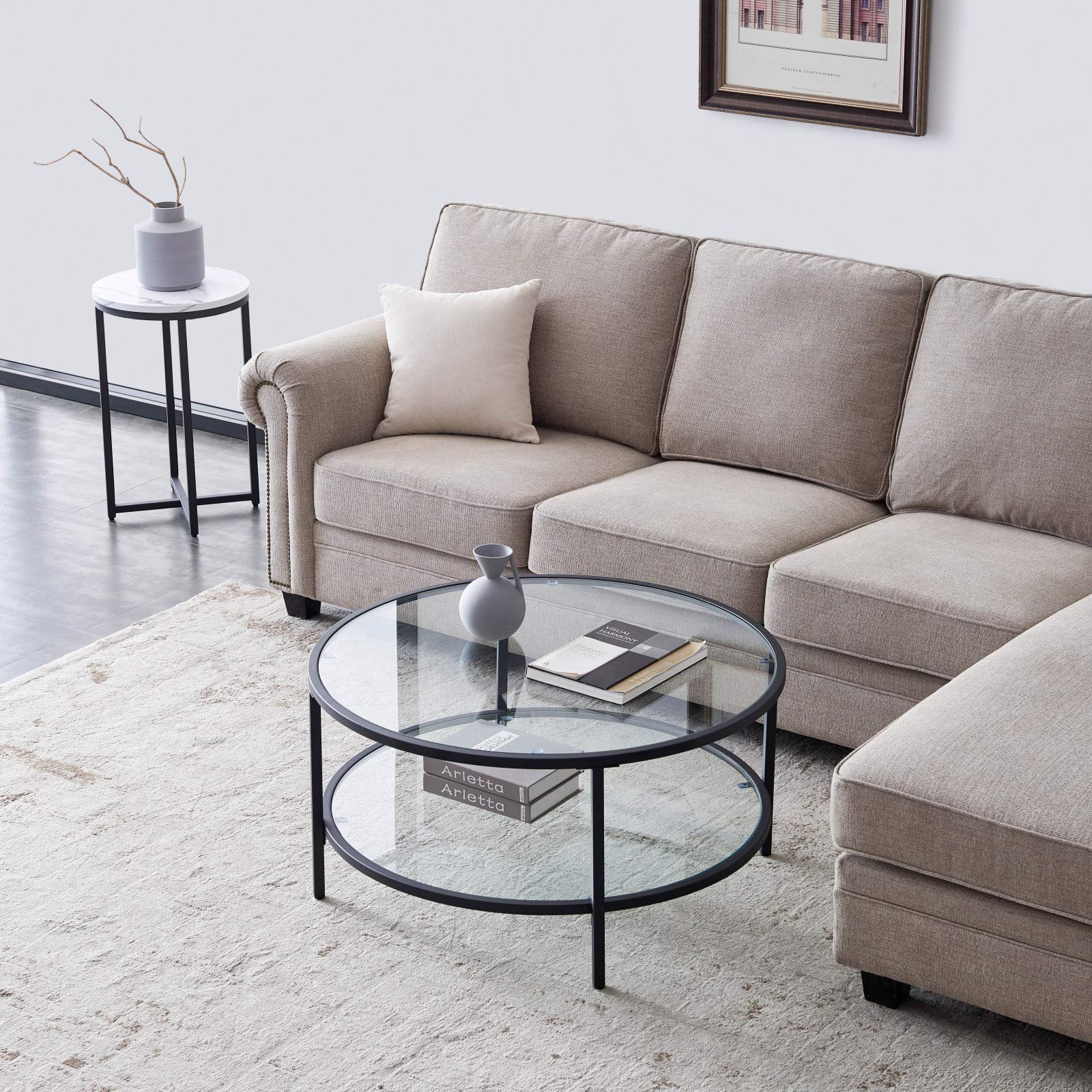 36in Tempered Glass Coffee Table - Modern Round Accent Side Table with Large Storage Space & Sturdy Metal Frame | Perfect for Living Room, Dining Room, Cocktail Parties & Home Décor | Durable & Stylish Centerpiece for Entertaining Guests