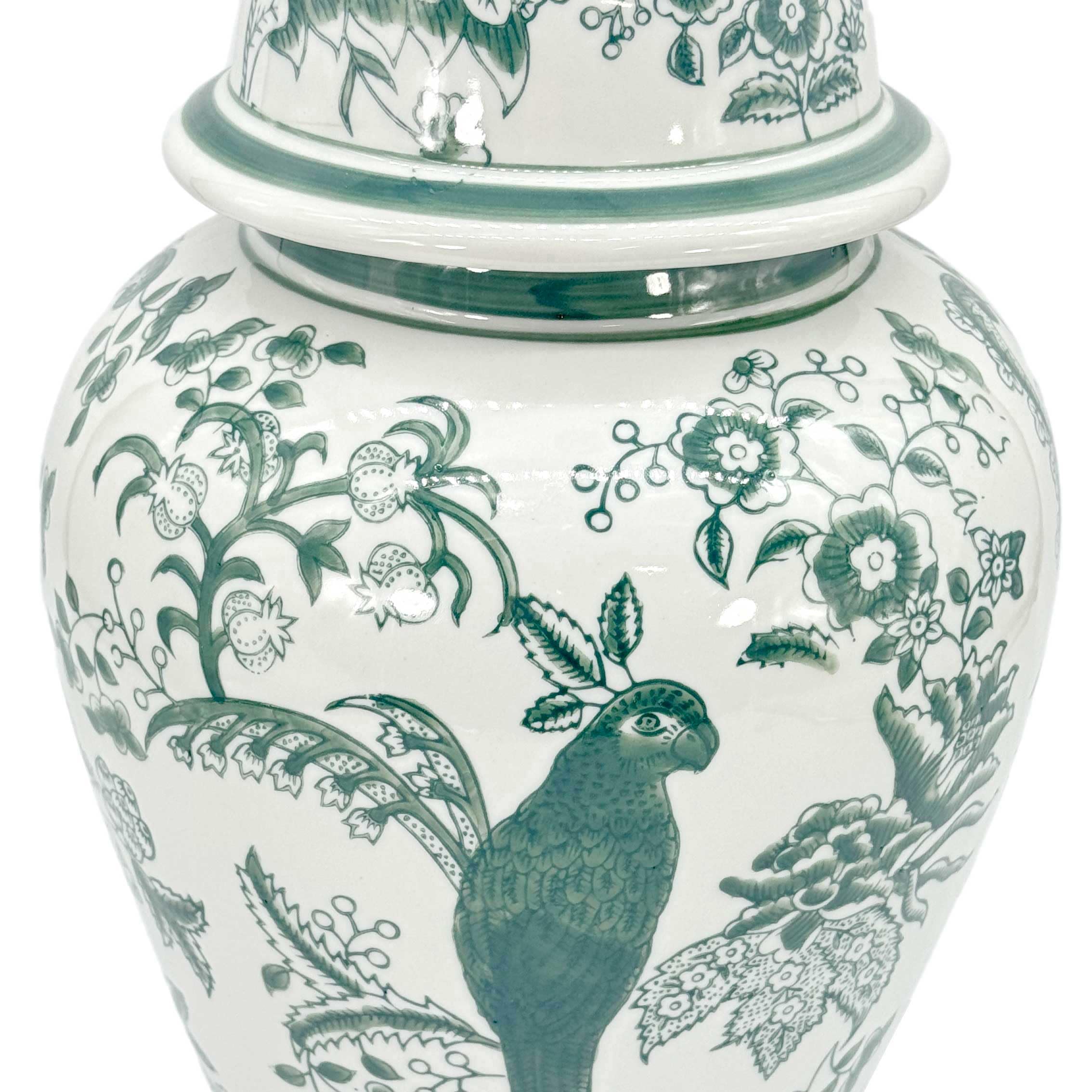 Galt International Veridian Parrot Floral Chinoiserie Ceramic Temple Jar with Lid - 18 Inch Ginger Jar in Veridian Green - Home Decor, Kitchen Decor, Interior Design - Perfect for Living Room, Bedroom, or Office Display