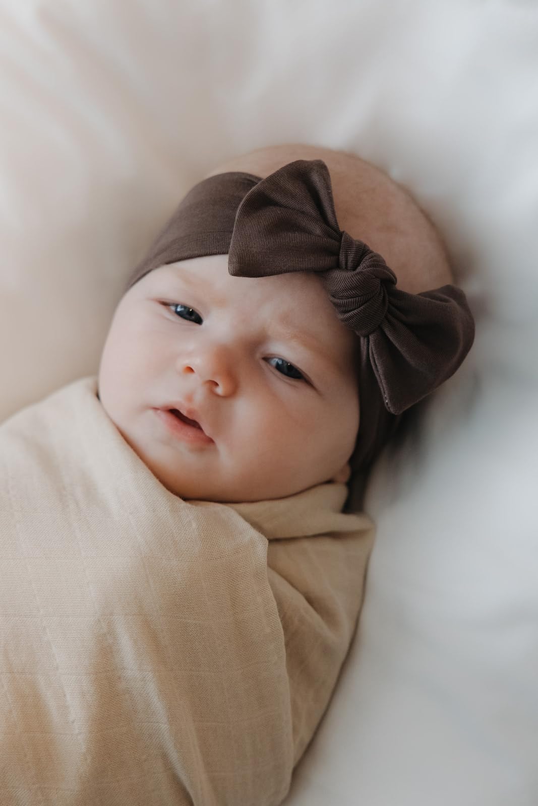 Premium Soft Stretchy Bamboo Headbands for Baby Girls, Newborns & Toddlers - Neutral Brown Baby Bows | Gentle Hair Accessories for Everyday Wear, Photo Shoots & Special Occasions