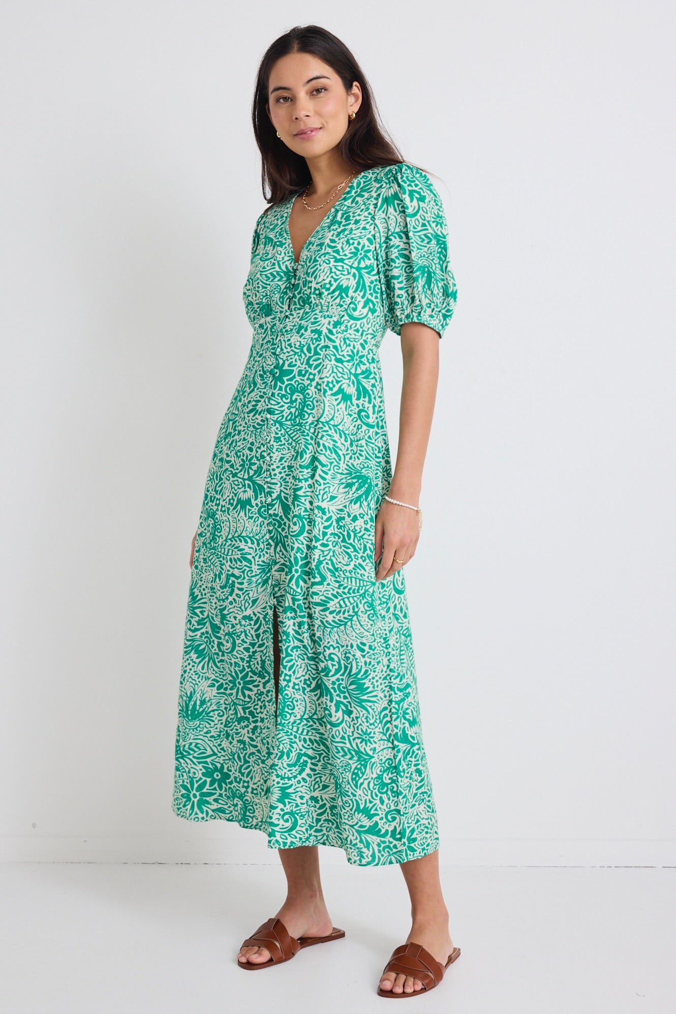 Elemental Green Batik Print Short Sleeve Button Front Midi Dress - Boho Chic Summer Dress for Beach Vacation, Date Night & Casual Outings