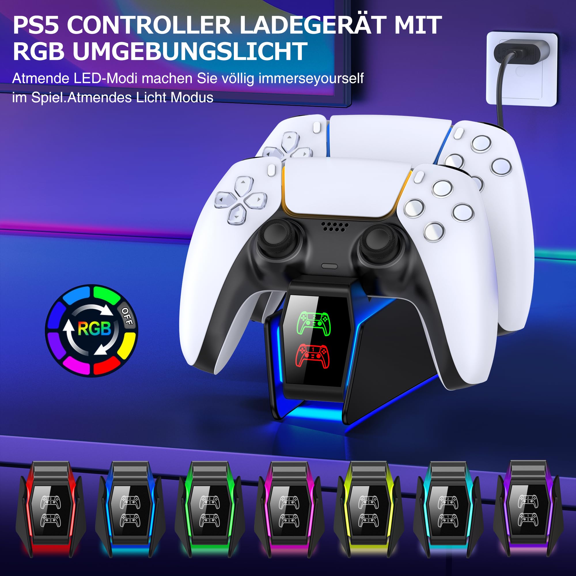 PS5 Controller Charging Station with RGB Lights - Fast 2-Hour Charging Dock for PS5 DualSense & Edge Controller (Black) - Perfect for Gaming Setups & Multiplayer Sessions
