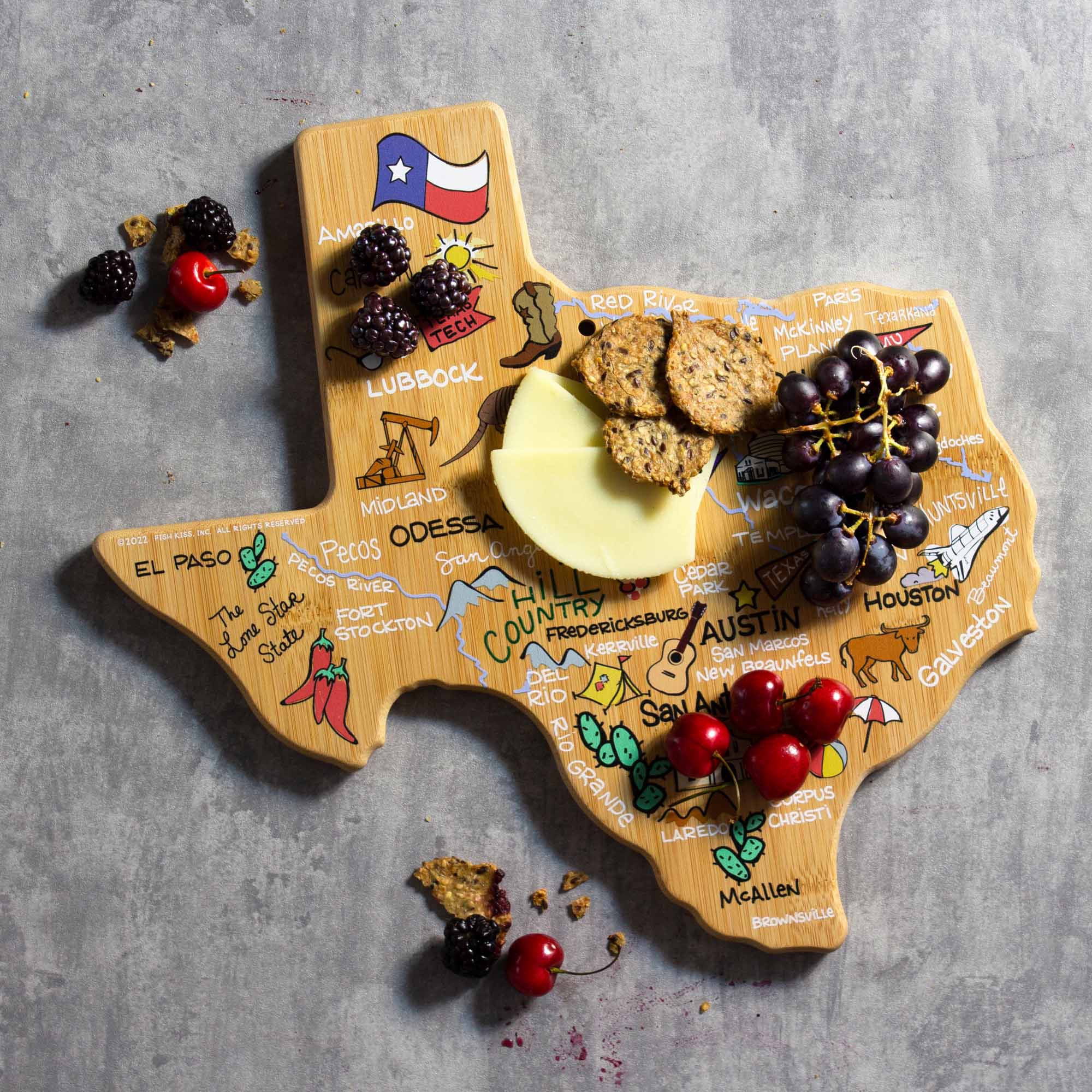 Texas Shaped Wooden Cutting Board with Handcrafted Fish Kiss™ Artwork - Perfect for Kitchen Decor, Gift Giving, and Serving Charcuterie