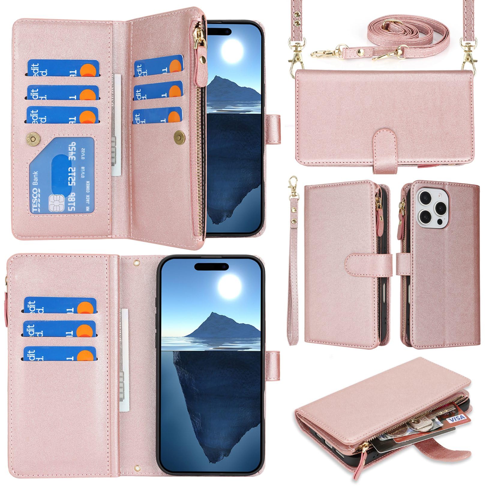 Jaorty iPhone 16 Pro 5G Wallet Case with Card Holder & Zipper Pocket - PU Leather Crossbody Phone Case with Strap for Women (6.3