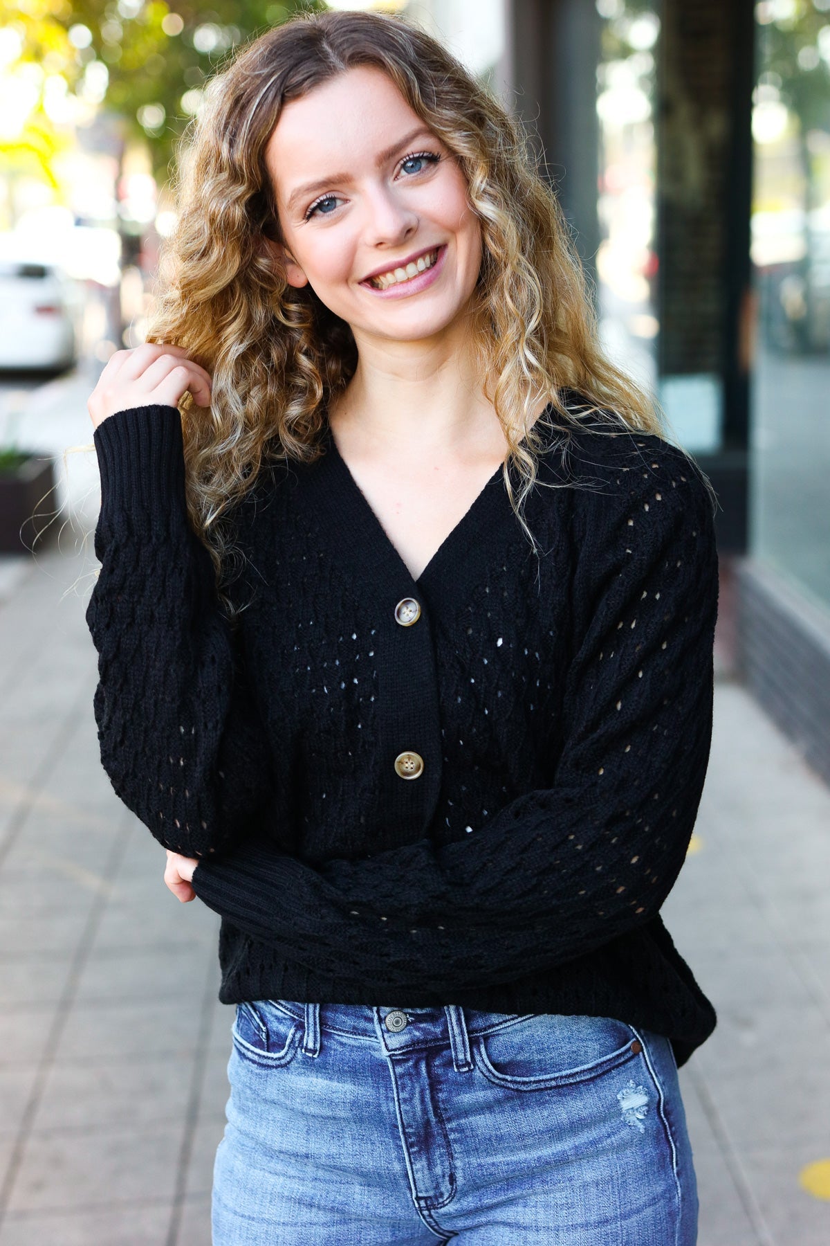 Stylish Black Pointelle Knit Button Down Cardigan for Women | Elegant Lace Knit Sweater | Perfect for Office, Date Night & Fall Layering