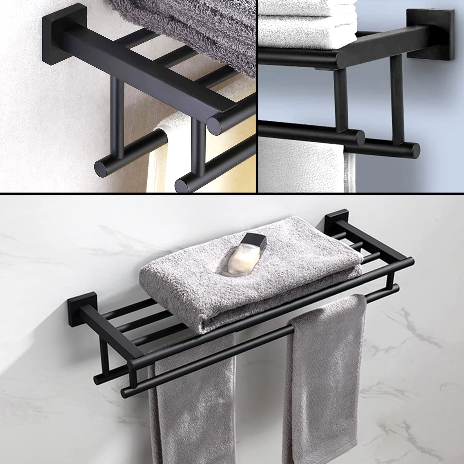 Stainless Steel Towel Shelf with Double Towel Bar - 27.5 Inch Wall Mounted Bathroom Organizer | SUS304 Matte Black Finish | Perfect for Bathroom, Hotel & Spa Decor