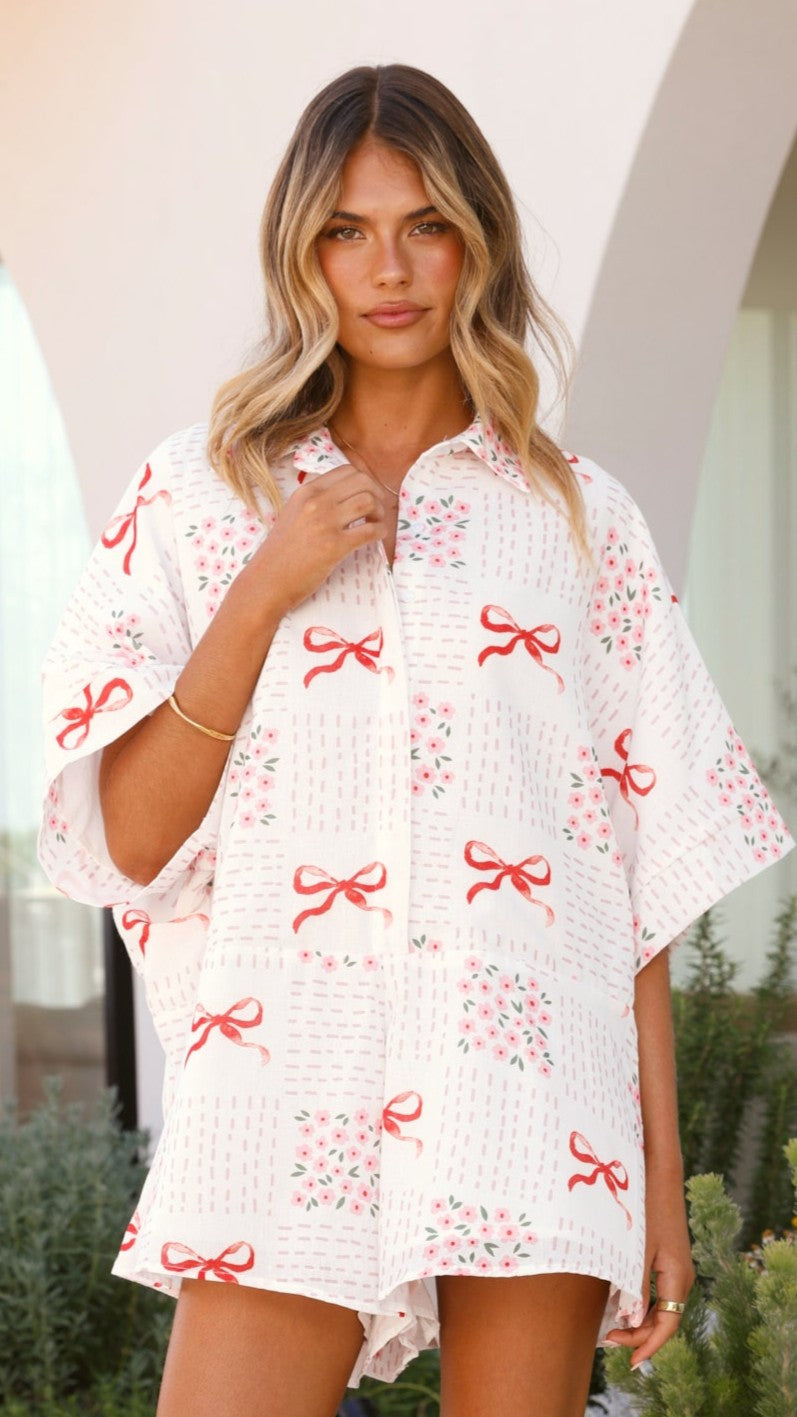 Alexandria Playsuit for Women - Sweet Bow Pink Floral Romper Jumpsuit | Summer Casual Outfit for Beach, Party & Vacation