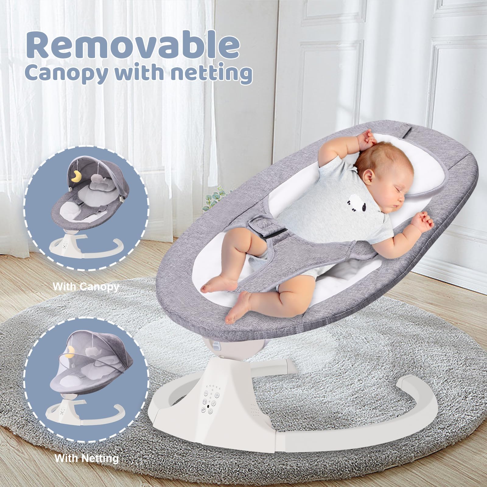 **Best Electric Baby Swing for Infants 0-12 Months - Portable Bluetooth Baby Bouncer with 5 Speed Settings & 10 Soothing Lullabies - Plug-in Newborn Swing for Indoor & Outdoor Use (Grey) - Perfect for Nursery, Travel & Relaxation**