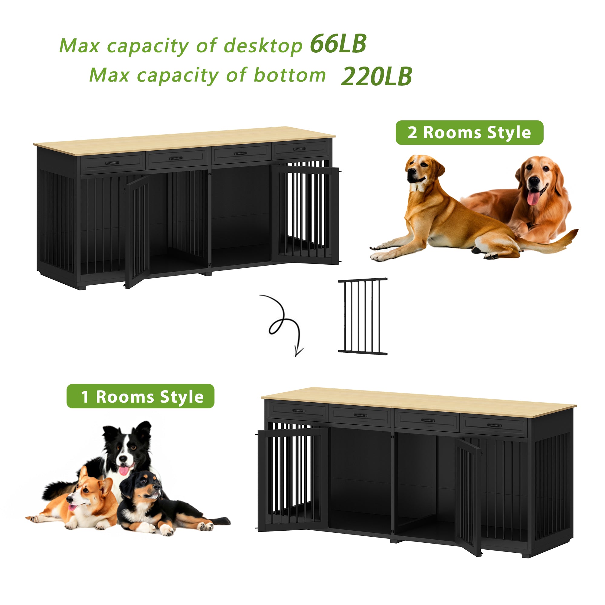 Large Dog Crate Furniture with 4 Storage Drawers & Removable Divider - Stylish Pet Kennel for Living Room or Bedroom