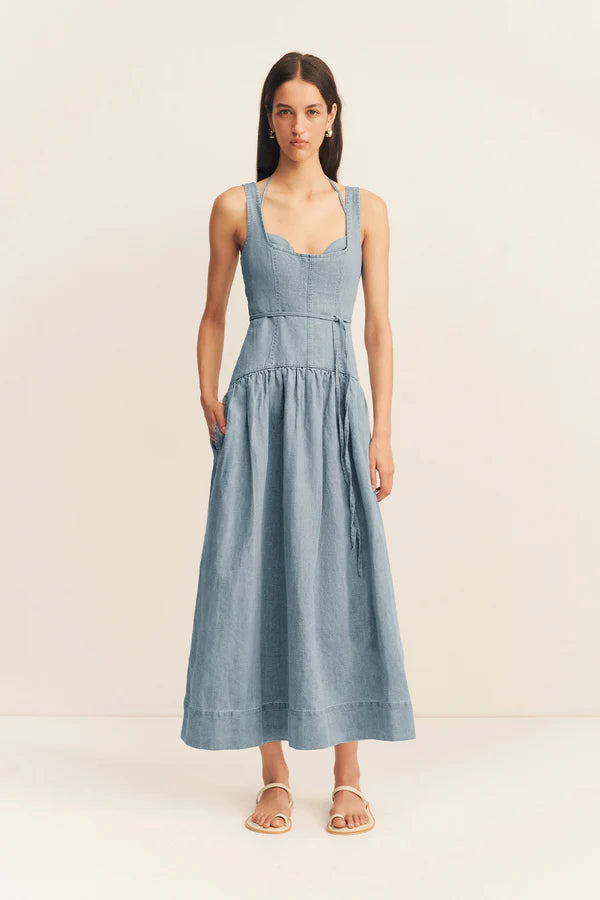Ellsworth Bustier Gathered Midi Dress in Bleached Blue | Vintage-Inspired Floral Summer Dress for Women | Perfect for Weddings, Garden Parties & Date Nights