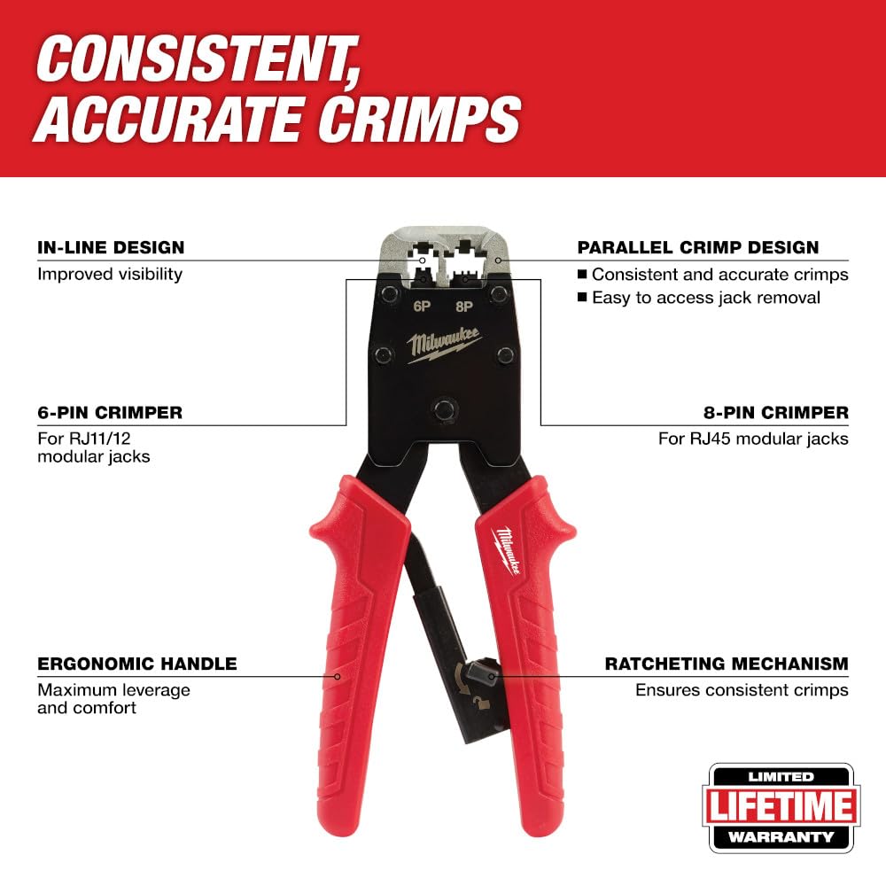 Milwaukee 48-22-3075 Ratcheting Modular Crimper Tool - Professional Wire Crimping for Electrical & Network Cables - Ideal for Electricians, DIY Projects & Home Wiring Repairs