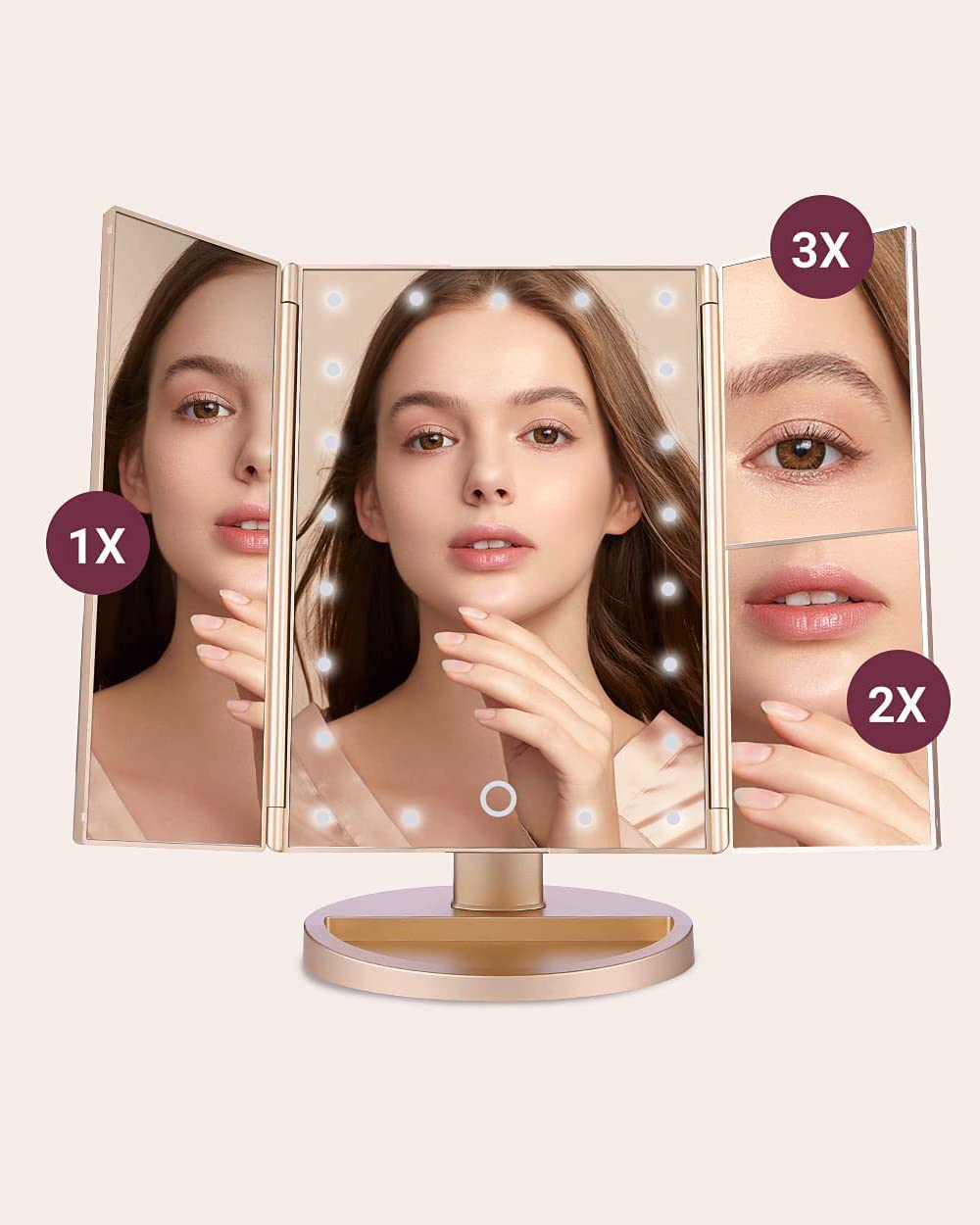 EASEHOLD Tri-Fold LED Vanity Mirror with 21 Dimmable Lights - 2X/3X Magnification, 180° Adjustable, Touch Screen & Dual Power - Perfect for Makeup, Skincare, and Hair Styling at Home or Salon