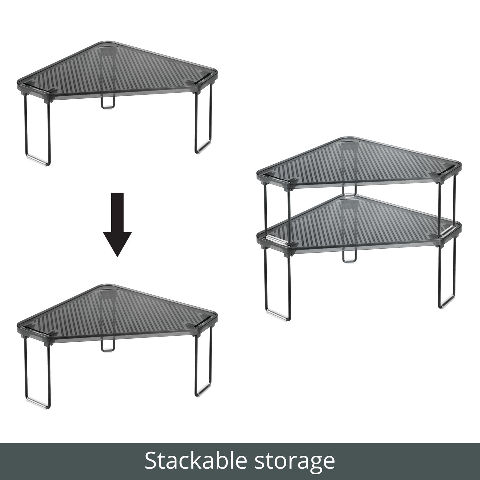 mDesign Plastic/Steel Corner Stackable Shelf Organizer - 2 Pack Black/Smoke Gray - Bathroom Vanity Storage for Makeup, Shower Accessories - Perfect for Small Spaces Under Sink, Cabinet & Countertop Organization
