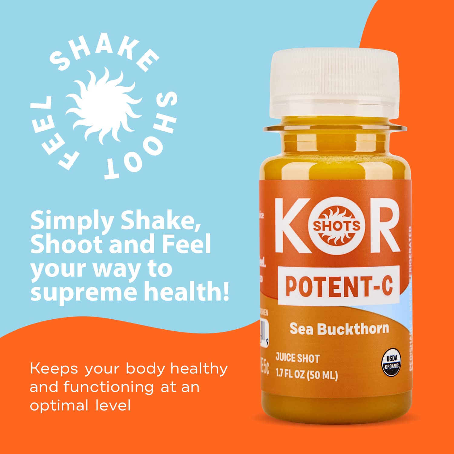 Organic KOR Shots Sea Buckthorn & Baobab Superfood Vitamin C Shot - 24 Pack (1.7 Fl Oz Each) - USDA Certified, Immune Support, Antioxidant Boost - Perfect for Daily Wellness & On-the-Go Nutrition