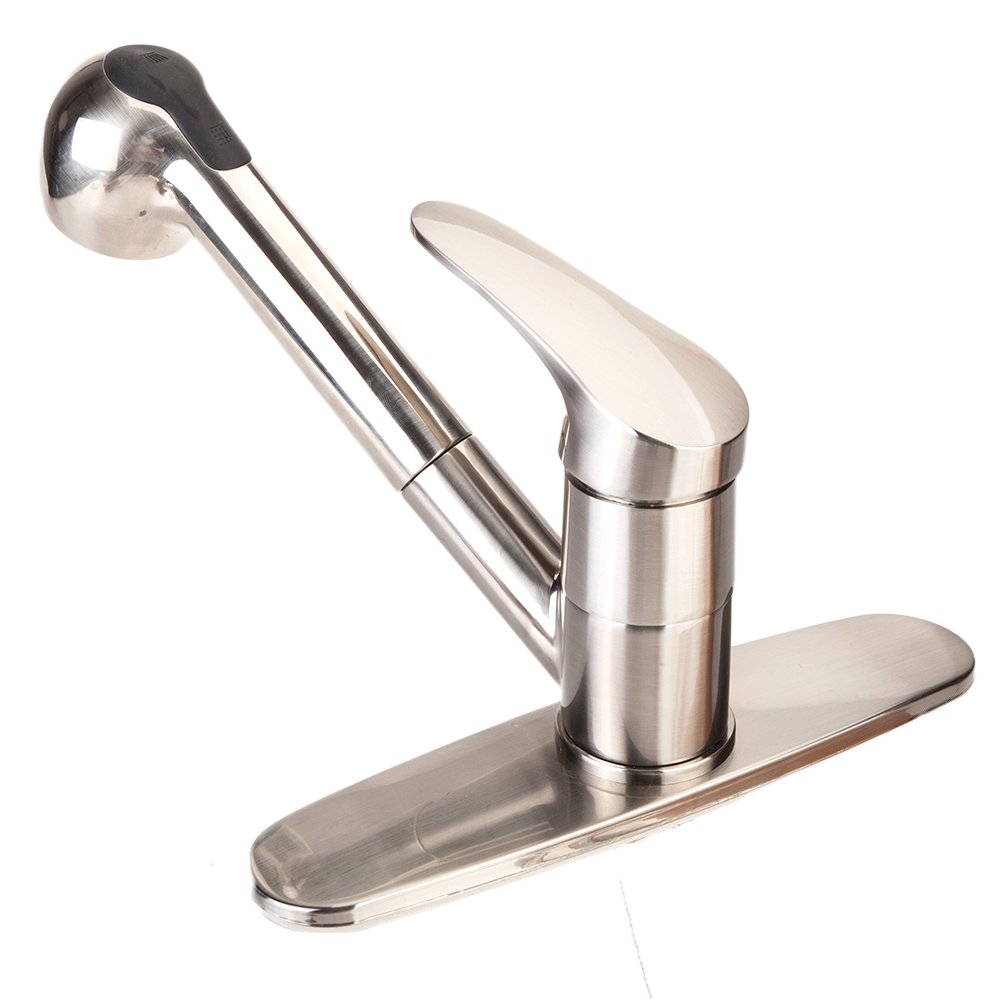Beyamis Pull Out Kitchen Sink Copper Faucet - Single Lever Handle Low Arch Brushed Nickel RV Faucet with Pull Down Sprayer - Perfect for RV, Bar, and Utility Sink Applications