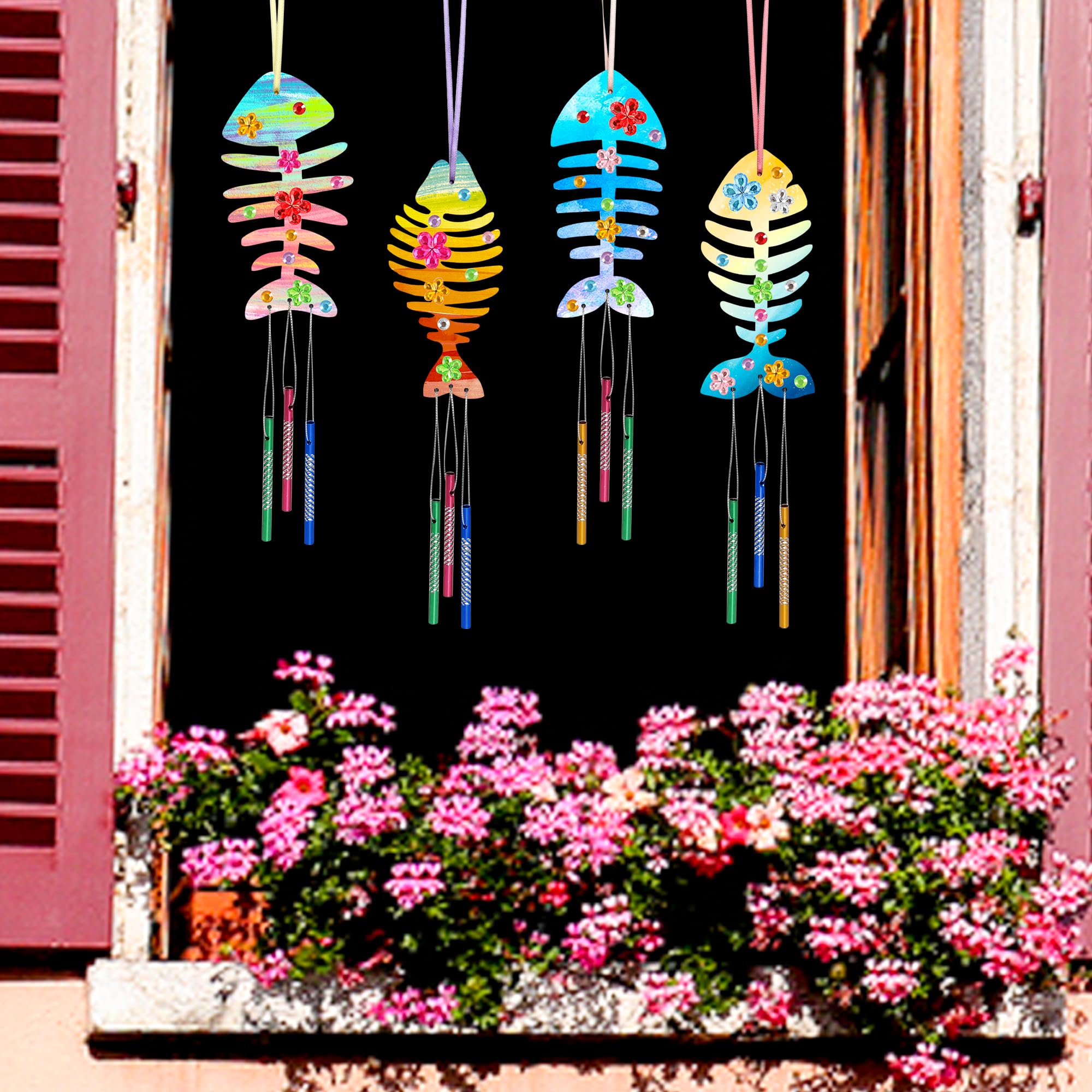 HMXPLS 12-Pack DIY Wooden Fish Bone Wind Chime Craft Kit - Painting & Decorating Activity for Kids & Adults - Perfect for Birthday Parties, Classroom Projects & Home Decoration