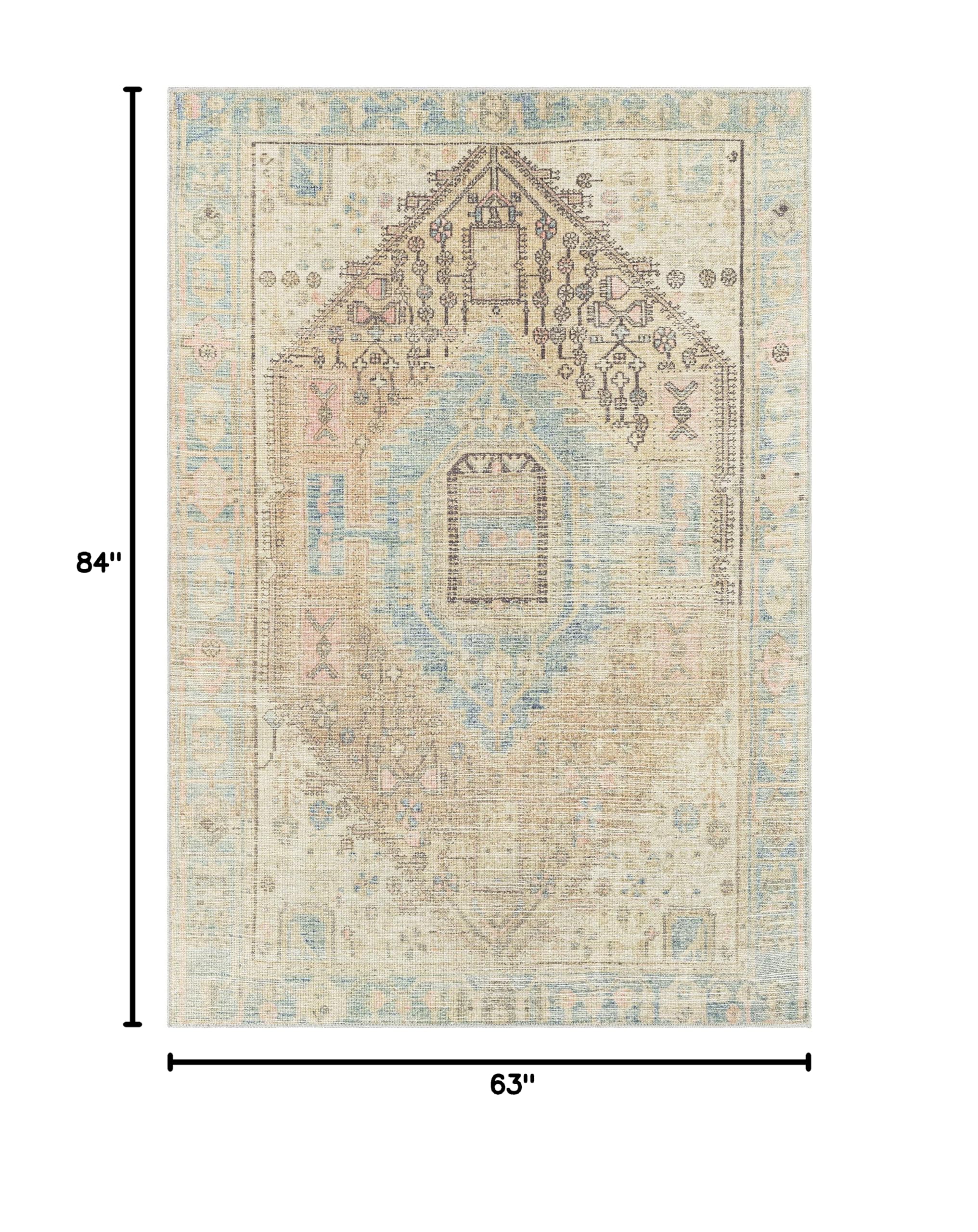 Premium Hauteloom Baloy Washable Area Rug for Living Room & Bedroom - Traditional Design in Coral, Denim, Olive - 5'3