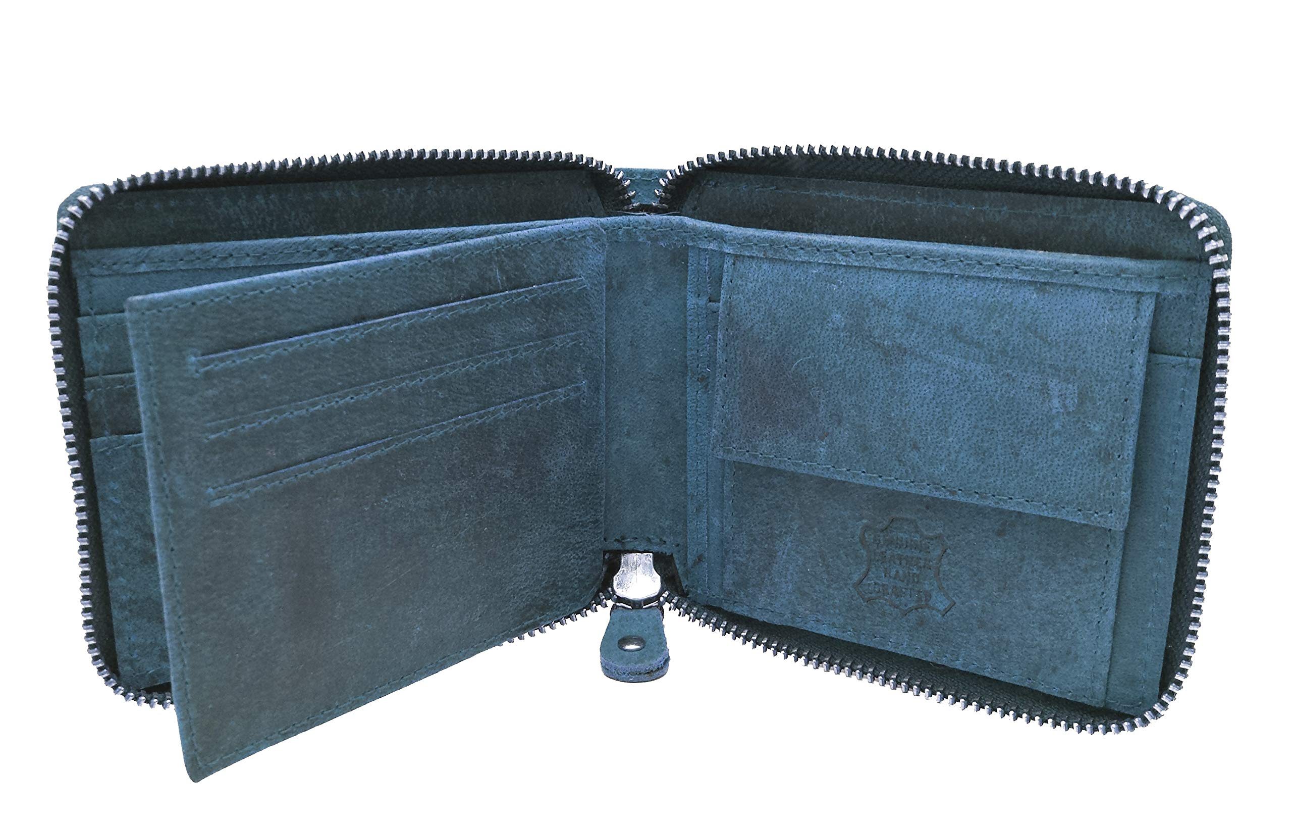 J. Wilson London RFID Blocking Men's Leather Wallet - Distressed Brown Genuine Leather Zip Around Bifold with Coin Pocket - Gift Box Included - Perfect for Travel, Business & Everyday Use (Distressed Blue)