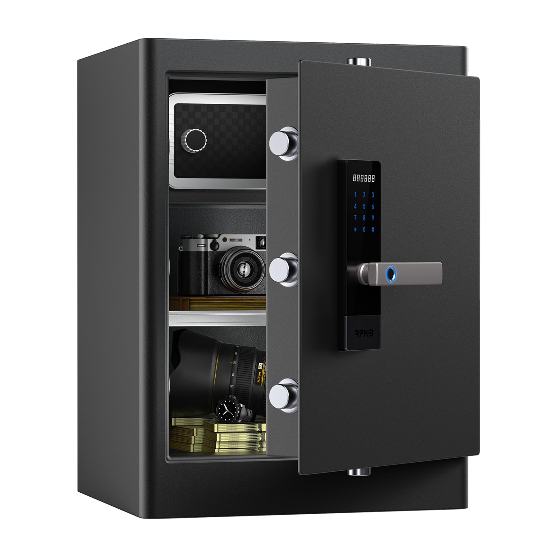 RPNB Deluxe Home Safe Box with Smart Touch Screen & Biometric Fingerprint Lock - Voice Prompt, One-Touch Unlock, Interior Storage, Dual Alarm System (2.8 Cubic Feet) - Perfect for Home, Office & Hotel Security