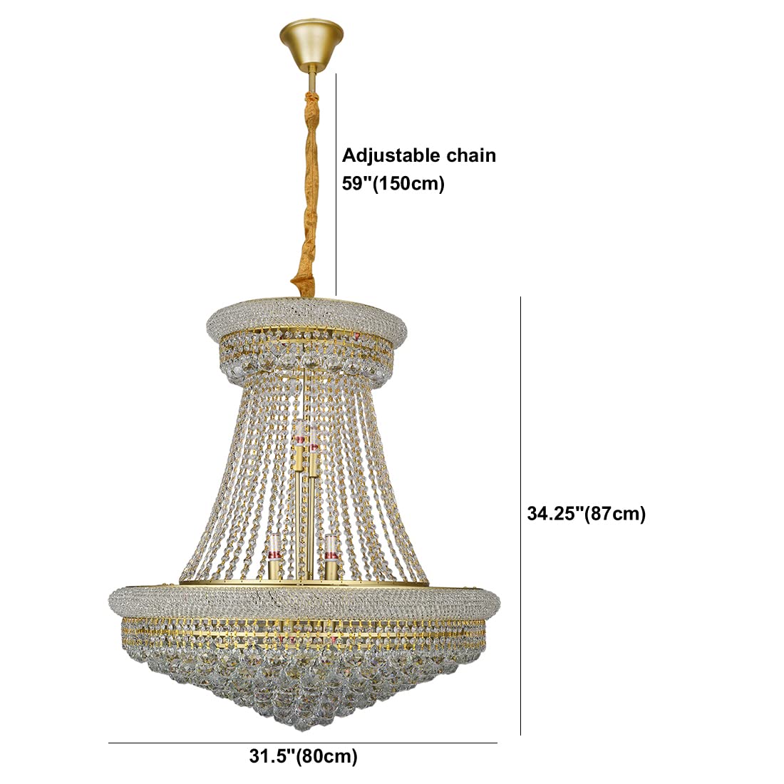 Luxury 20-Light Gold Crystal Chandelier - Empire Style Ceiling Hanging Light Fixture with Crystal Pendants for Living Room, Dining Room & Staircase (32 Inches, Gold Finish) | Perfect for Elegant Home Decor, Wedding Venues & Luxury Hotel Lighting