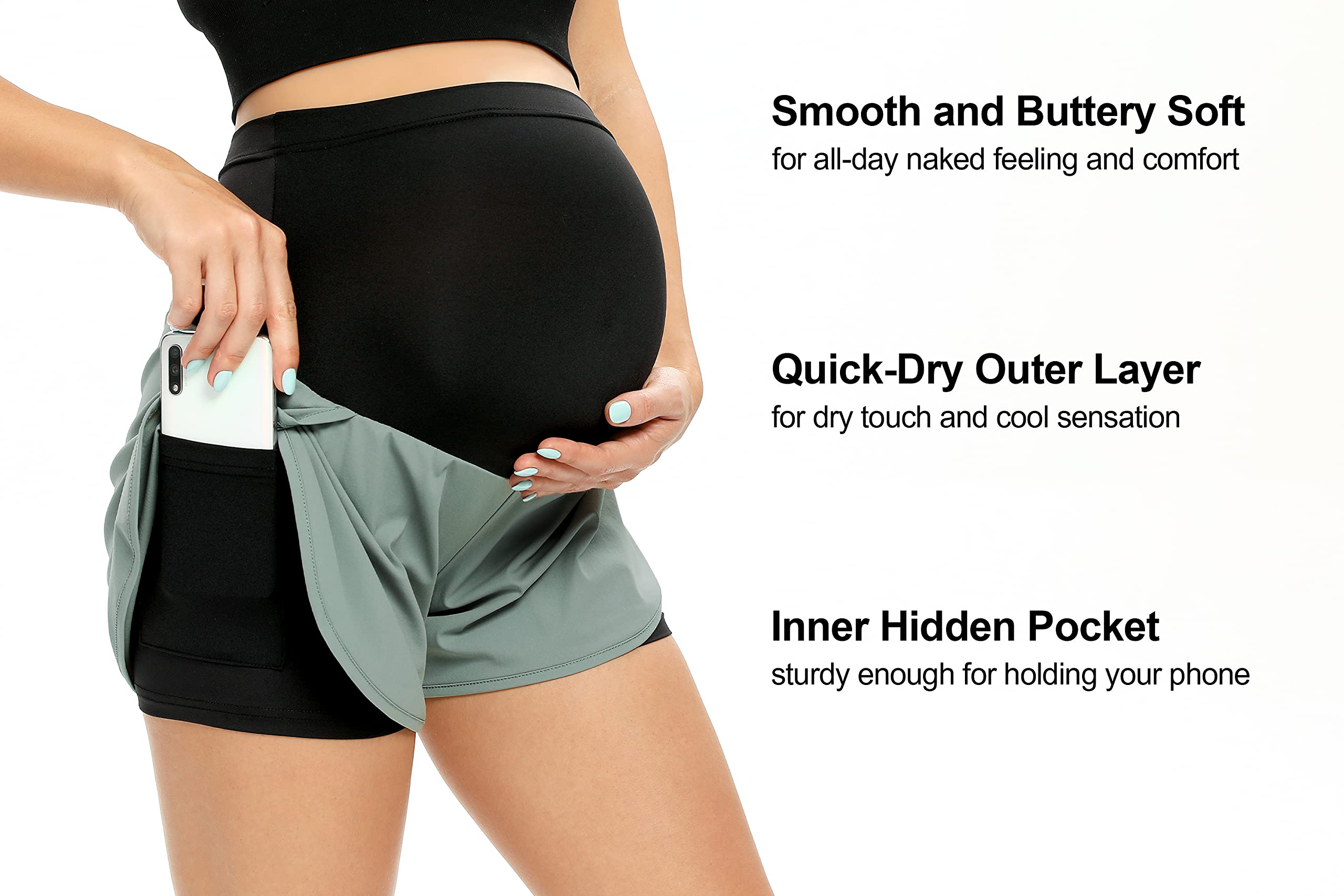 AMPOSH Women's Maternity Workout Shorts - Over Belly Buttery Soft Athletic Yoga Running Shorts with Pockets for Pregnancy Exercise & Active Lifestyle