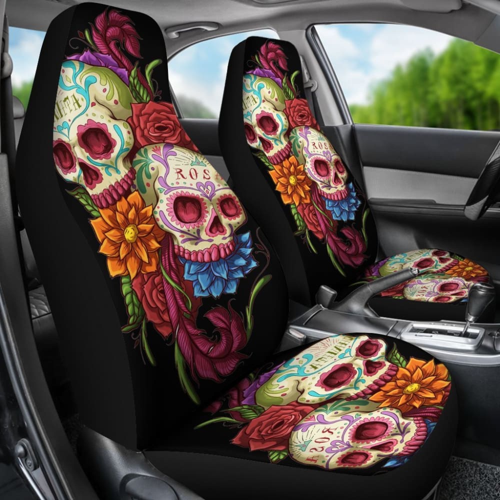 2 Pcs Day of The Dead Sugar Skull Car Seat Covers - Mexican Style Skull Print Universal Fit for Cars, Trucks & SUVs - Perfect for Halloween, Dia de Los Muertos & Gothic Decor