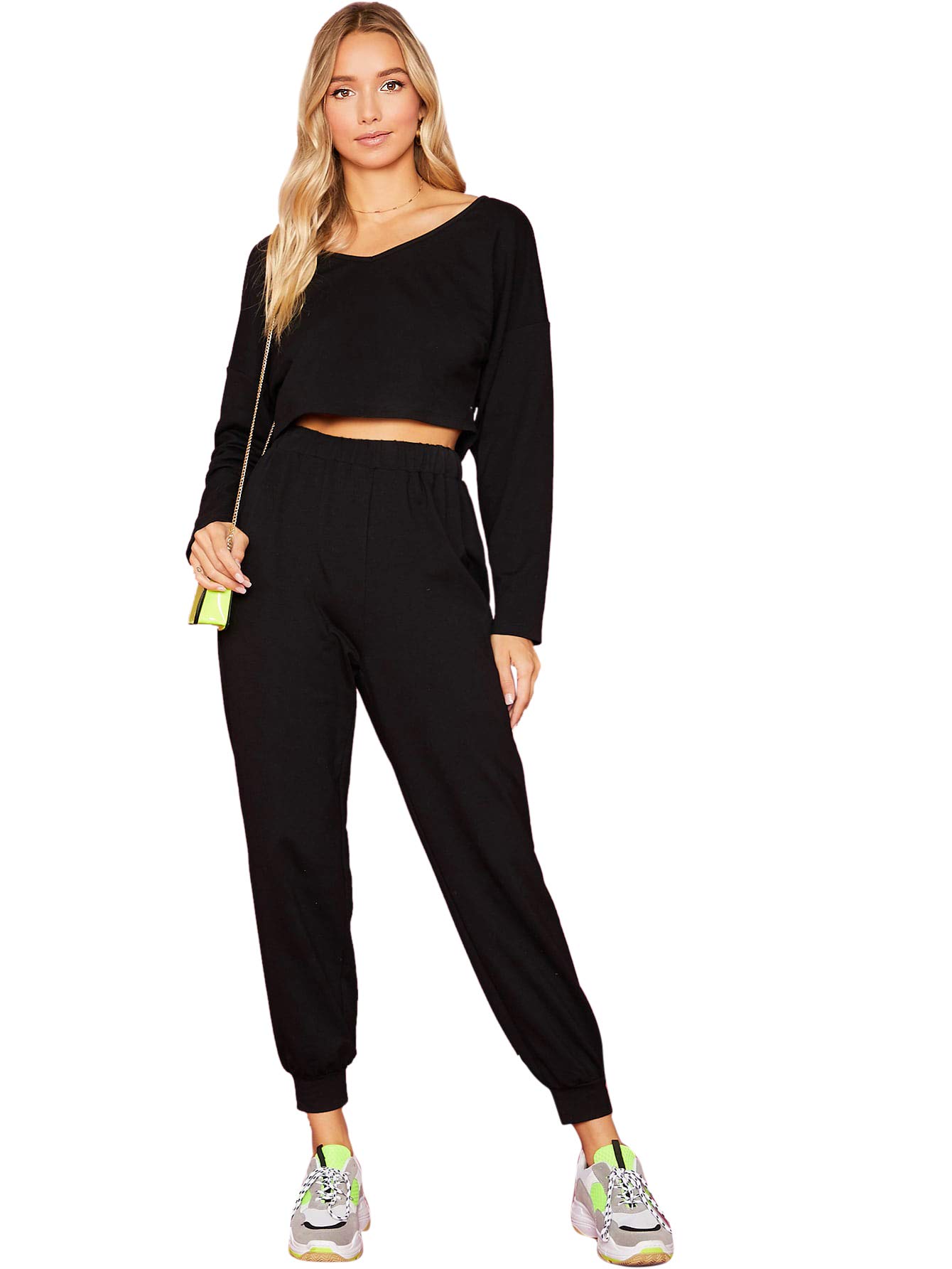 SweatyRocks Women's 2-Piece Workout Set - Long Sleeve Crop Top & High Waist Jogger Pants | Gym Outfit, Yoga Clothes, Lounge Wear, Casual Street Style