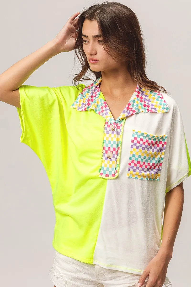 BiBi Color Block Knit Sweater with Multi Checker Contrast Design | Women's Fashion Tops for Casual Wear & Office Outfits