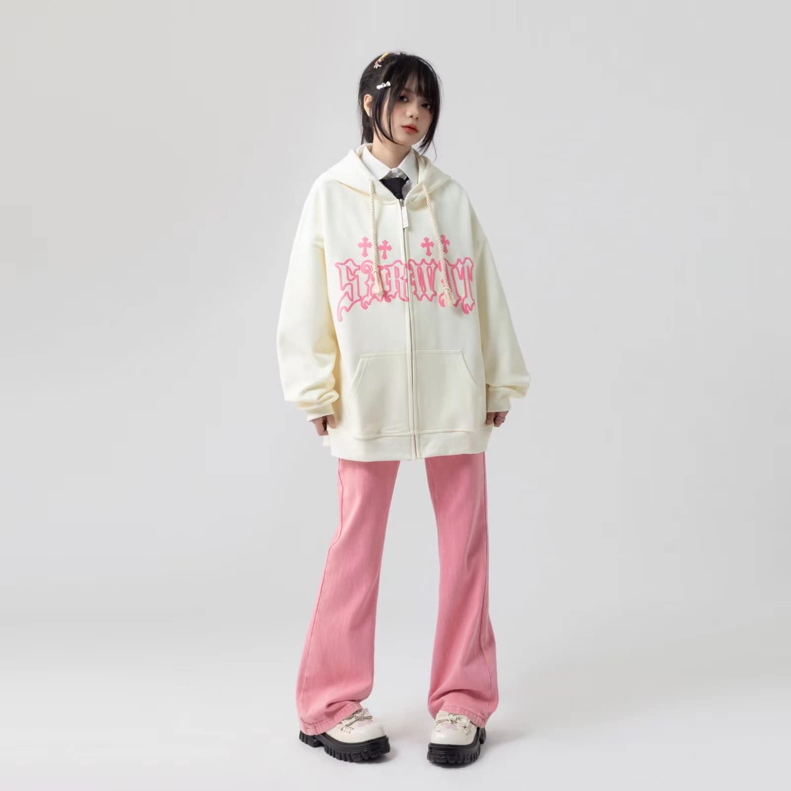 Goth Embroidery Hoodie for Women - High Street Harajuku Retro Hip Hop Zip Up Sweatshirt | Loose Fit Y2K Style Hoodie for Streetwear & Casual Fashion
