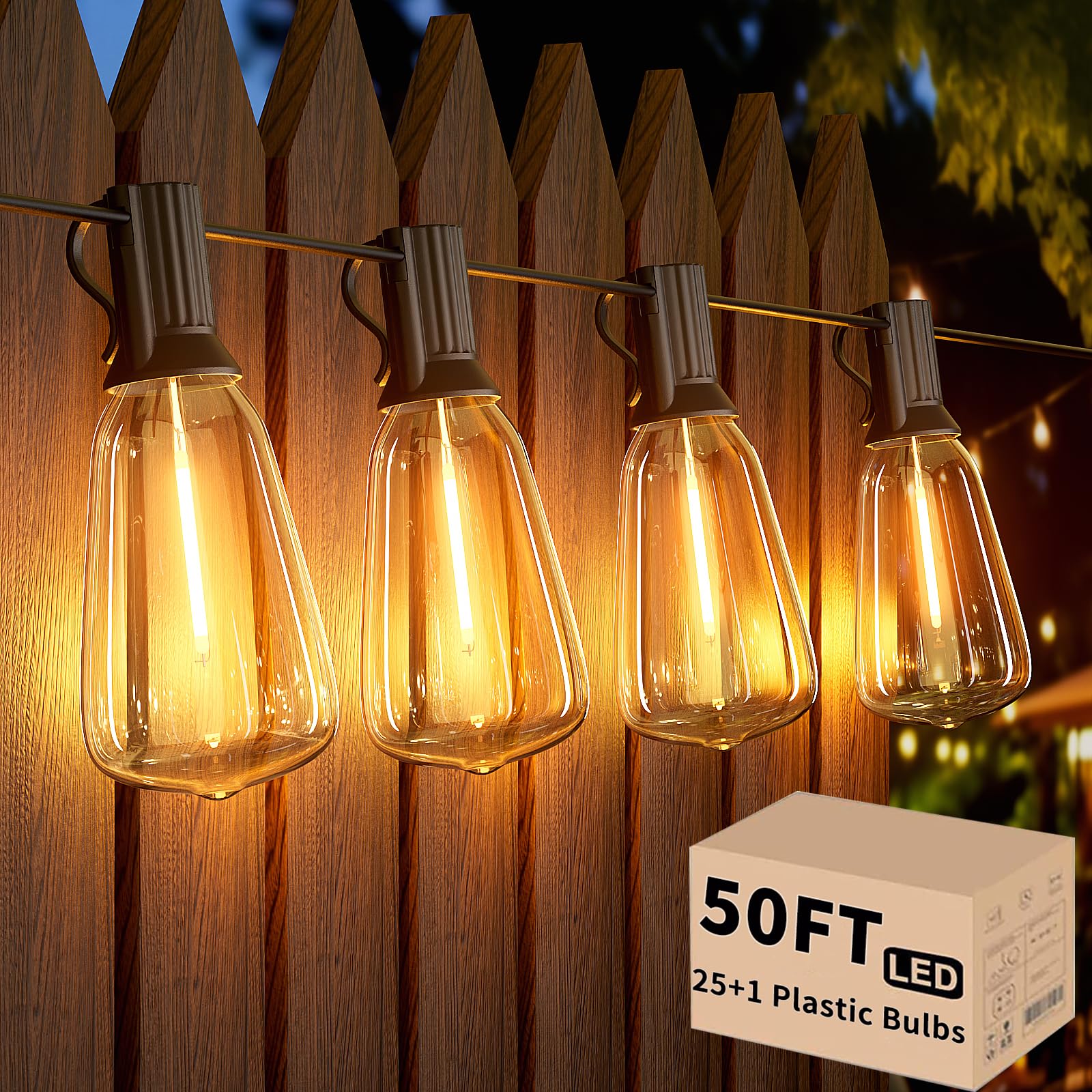 50 FT Outdoor String Lights with 25+1 Dimmable LED Shatterproof Waterproof Bulbs - Connectable Hanging Lights for Patio, Backyard, Porch, Balcony & Party Decor | Perfect for Bistro, Garden, Wedding & Outdoor Dining Ambiance