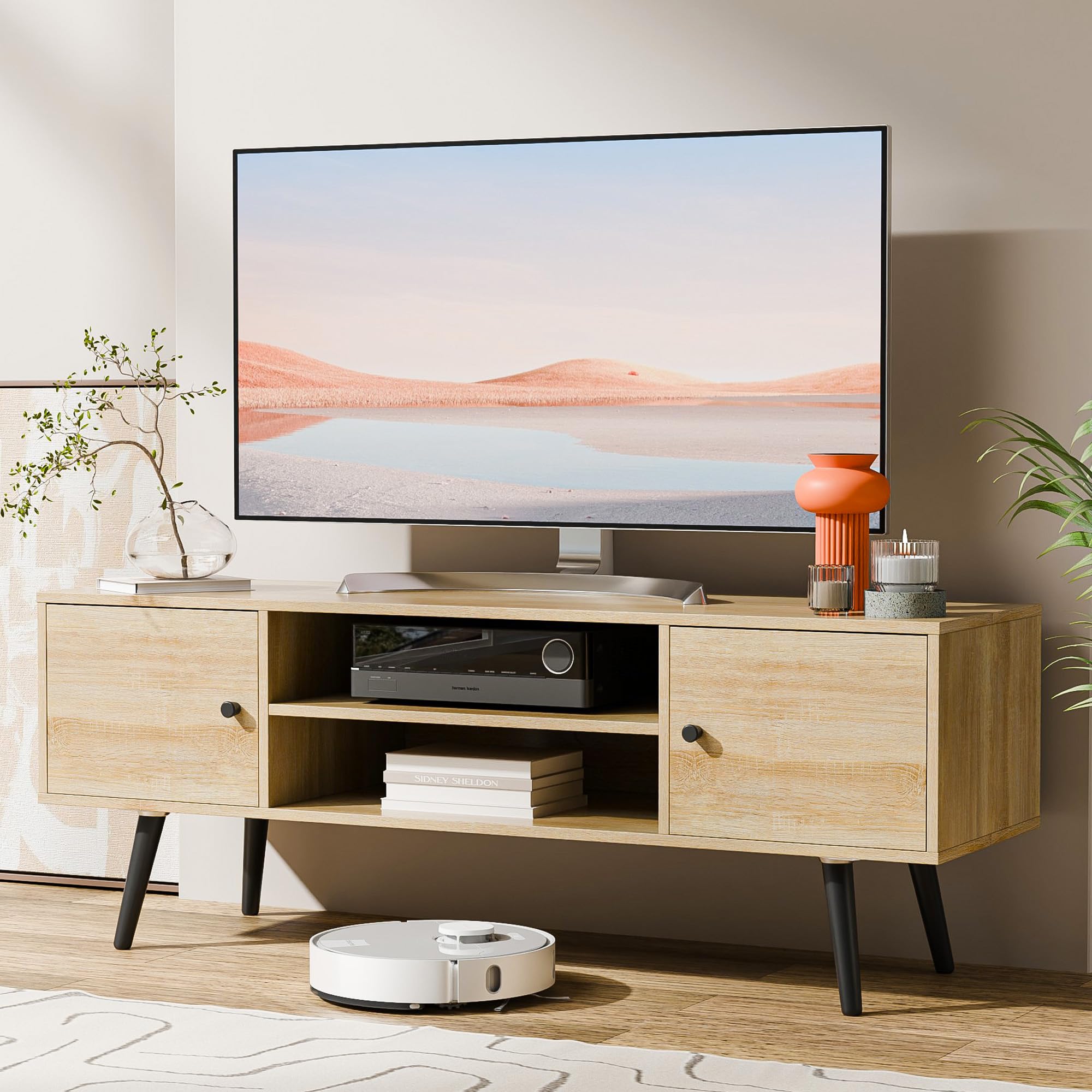 Mid Century Modern TV Stand for 55-60 Inch TVs - Cozy Castle Entertainment Center with Storage, Media Console Table for Living Room, Bedroom & Office - Perfect for Home Theater Setup and Stylish Home Decor