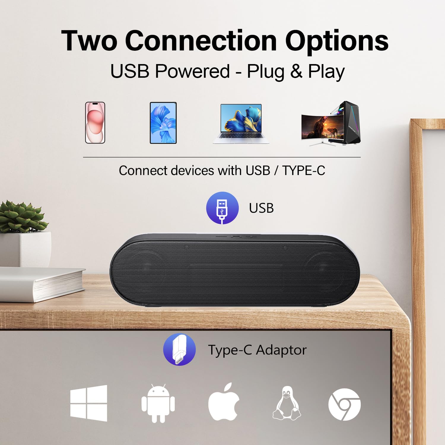 ZETIY USB Computer Speaker - Mini Soundbar for PC & Mac, Plug & Play for Home/Office