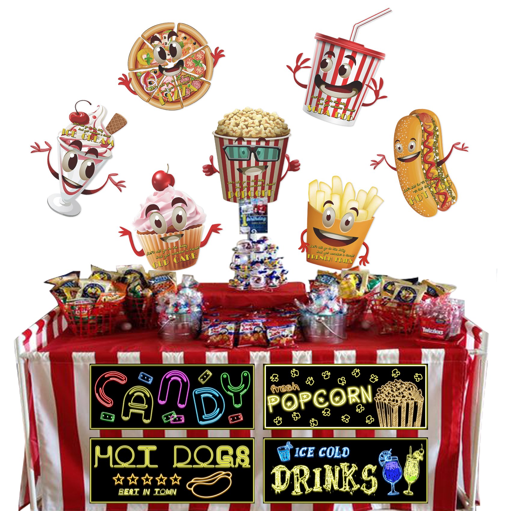 Musykrafties Movie Night Large Prepasted Food Sign - Dancing Snacks Theater Cutout Wall Mural Decal Stickers 4-Pack for Home Theater Decor, Cinema Party & Kids Room Decoration