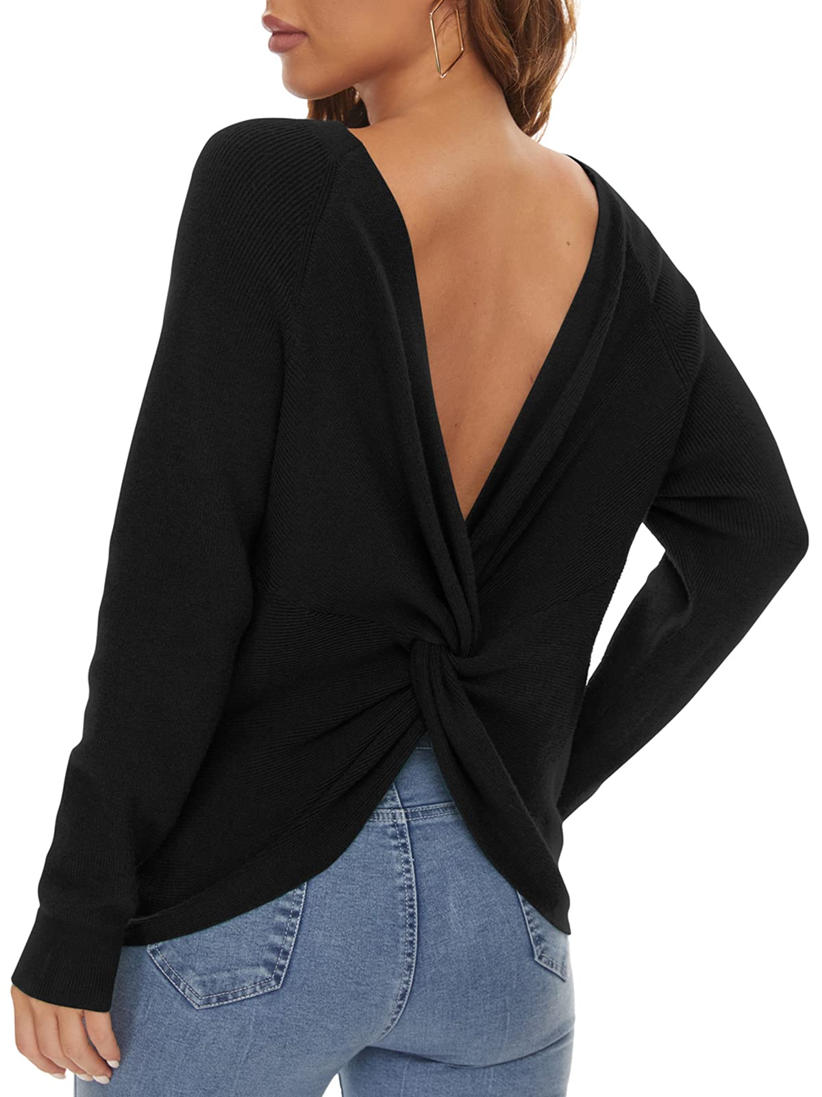 LILBETTER Women's Long Sleeve Criss Cross Back Knit Sweater - Loose Fit Pullover Jumper for Casual Wear, Office & Fall Outfits