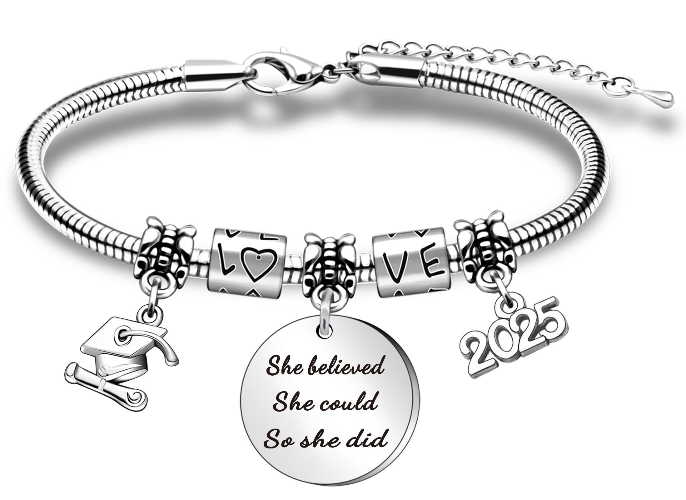 WTOPP 2025 Graduation Charm Bracelet - Inspirational 'She Believed She Could So She Did' Bracelet - Perfect College & High School Graduation Gift for Him & Her - Ideal for Commencement Ceremonies & Graduation Parties