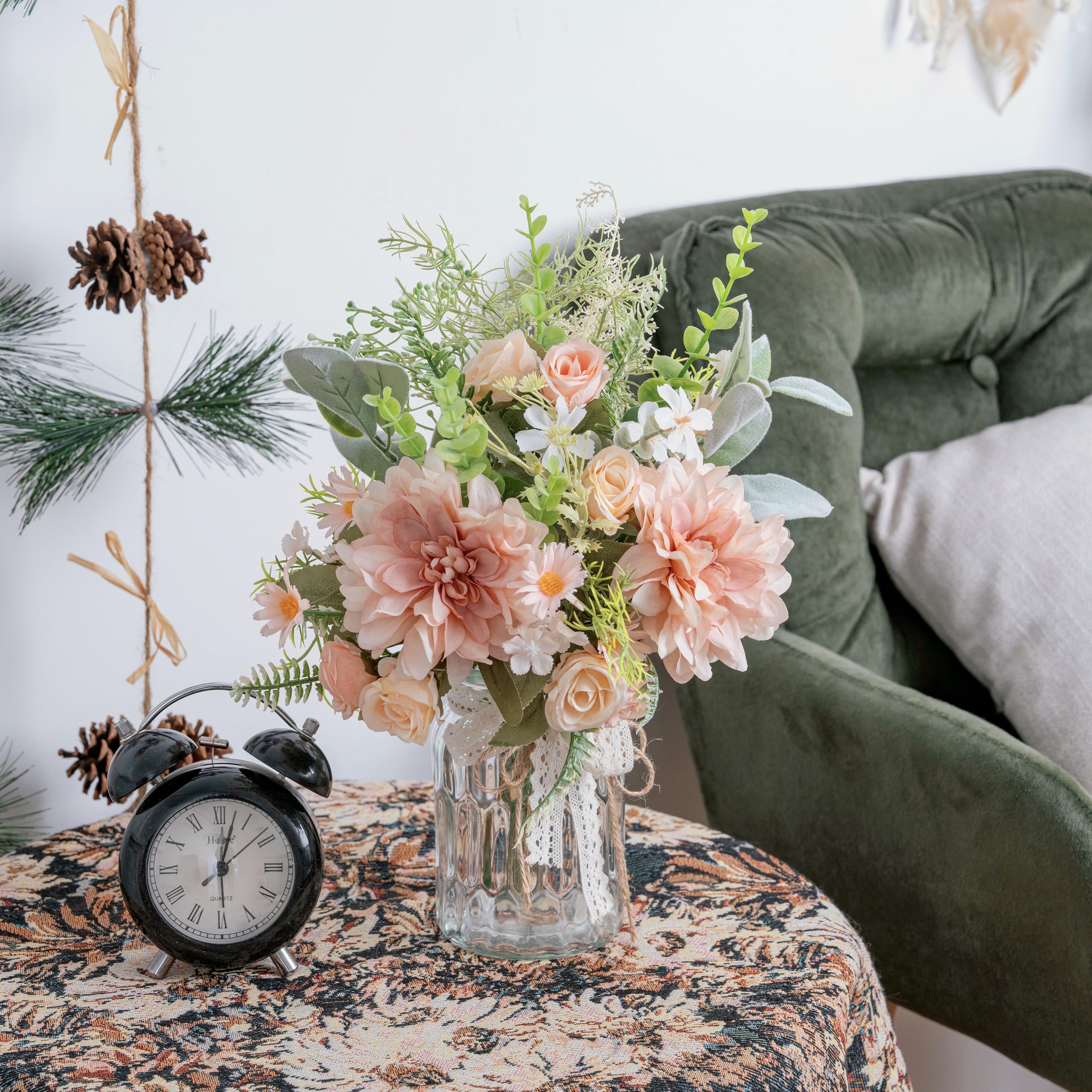 LUEUR Artificial Silk Rose and Hydrangea Bouquet in Vase - Pink Dahlia Floral Arrangement for Home Decor, Wedding Centerpiece, Spring Table Decorations | Perfect for Living Room, Dining Table, Office Desk Decor