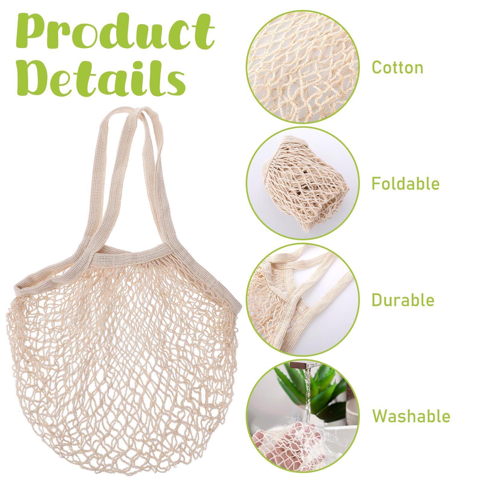 2 Pack Reusable Mesh Grocery Bags - Eco-Friendly Cotton String Shopping Totes for Fruits & Vegetables, Long Handle Washable Produce Bags, Portable & Durable (Beige) - Perfect for Farmers Market, Grocery Shopping & Food Storage