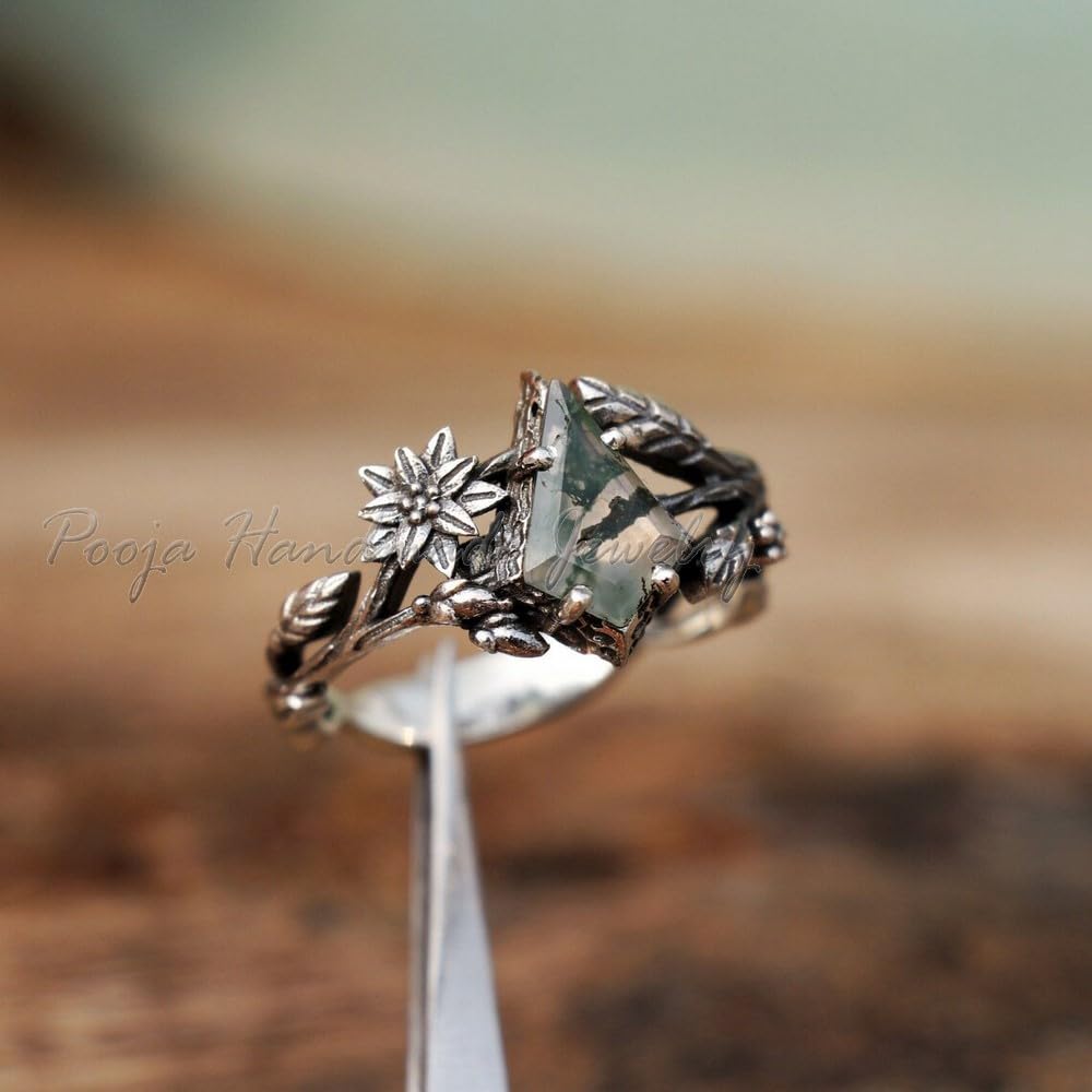 925 Sterling Silver Moss Agate Kite Cut Ring - Handmade Nature Inspired Tree Branch & Flower Design Boho Ring for Women | Perfect Mother’s Day Gift, Wedding, Anniversary & Everyday Wear