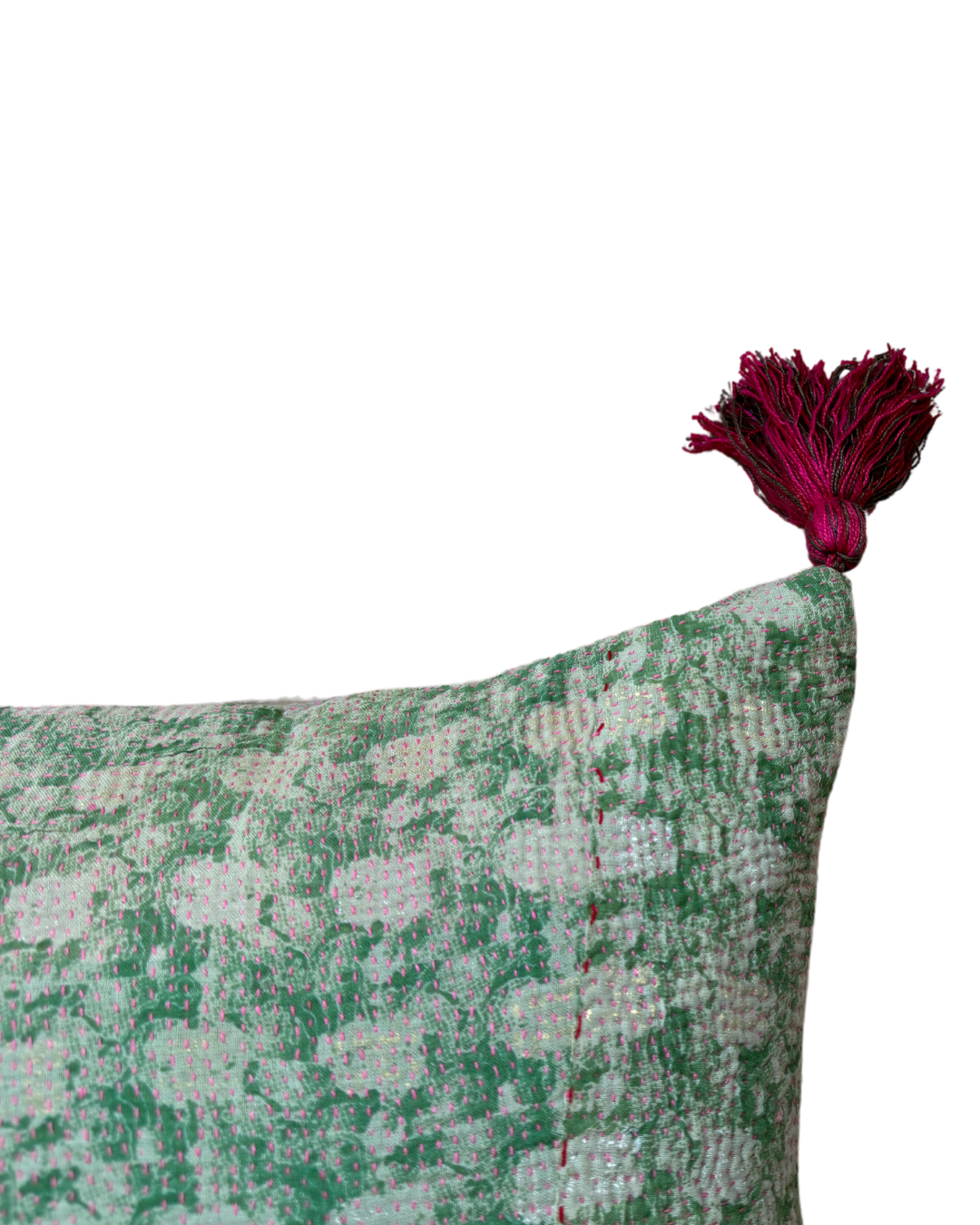 Handmade Pink & Green Kantha Cushion Cover with Decorative Tassels - Boho Chic Home Decor for Living Room, Bedroom, or Nursery