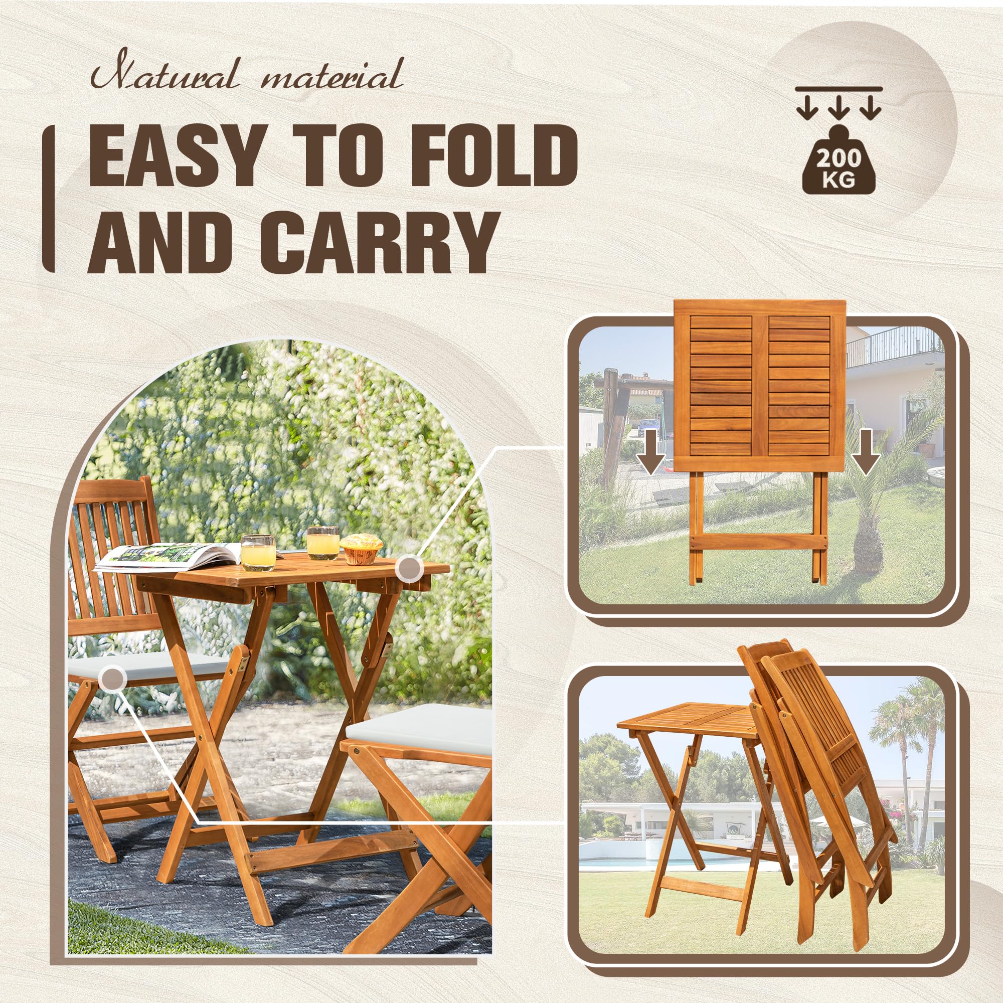 Flamaker 3-Piece Acacia Wood Folding Bistro Set - Outdoor Square Table and Chairs for Patio, Balcony, Porch, Lawn & Backyard - Natural Wood Garden Furniture for Dining, Relaxing & Entertaining Guests