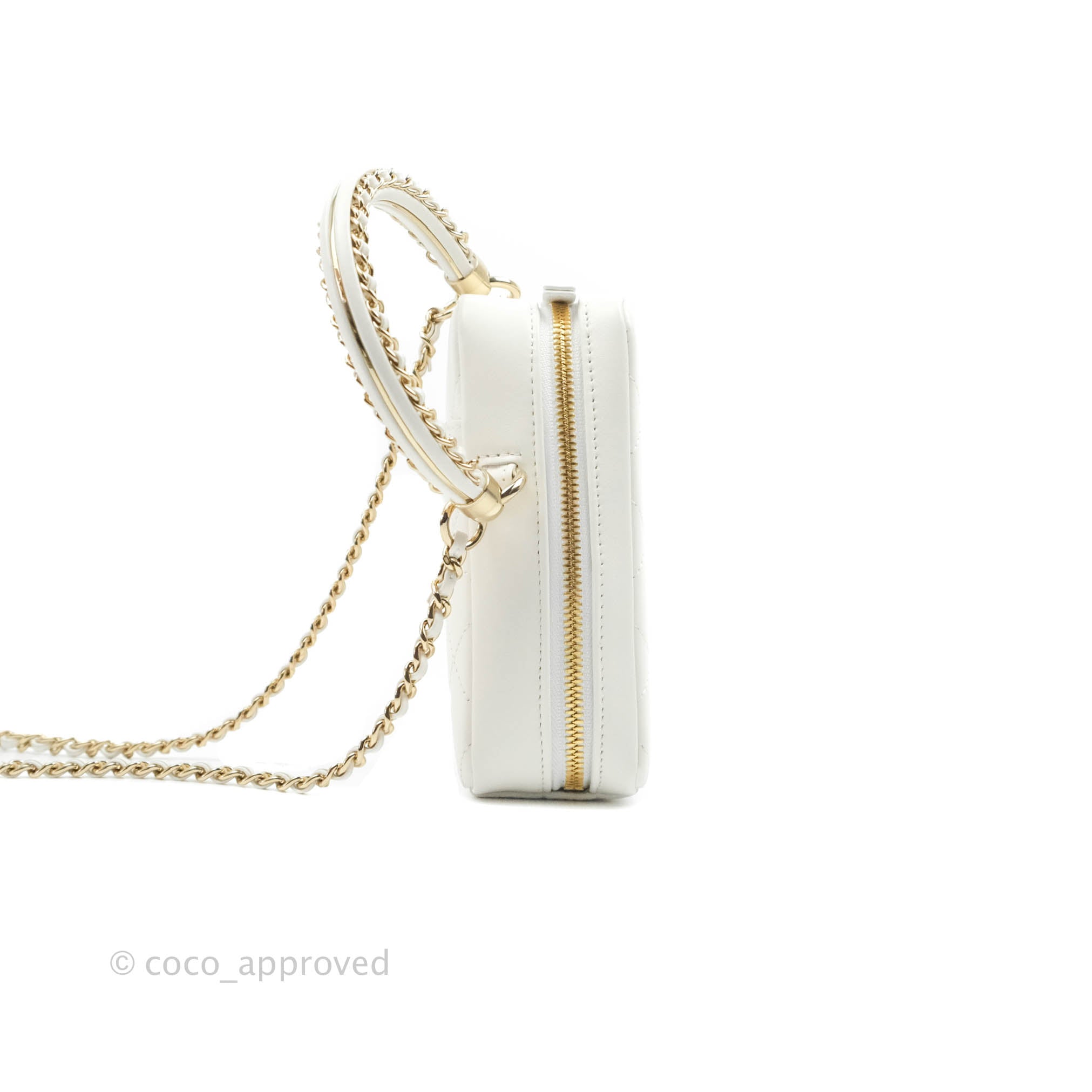 Chanel White Calfskin Circular Handle Zip Around Vanity Case with Gold Hardware - Perfect for Travel, Parties & Everyday Luxury (20S Collection)