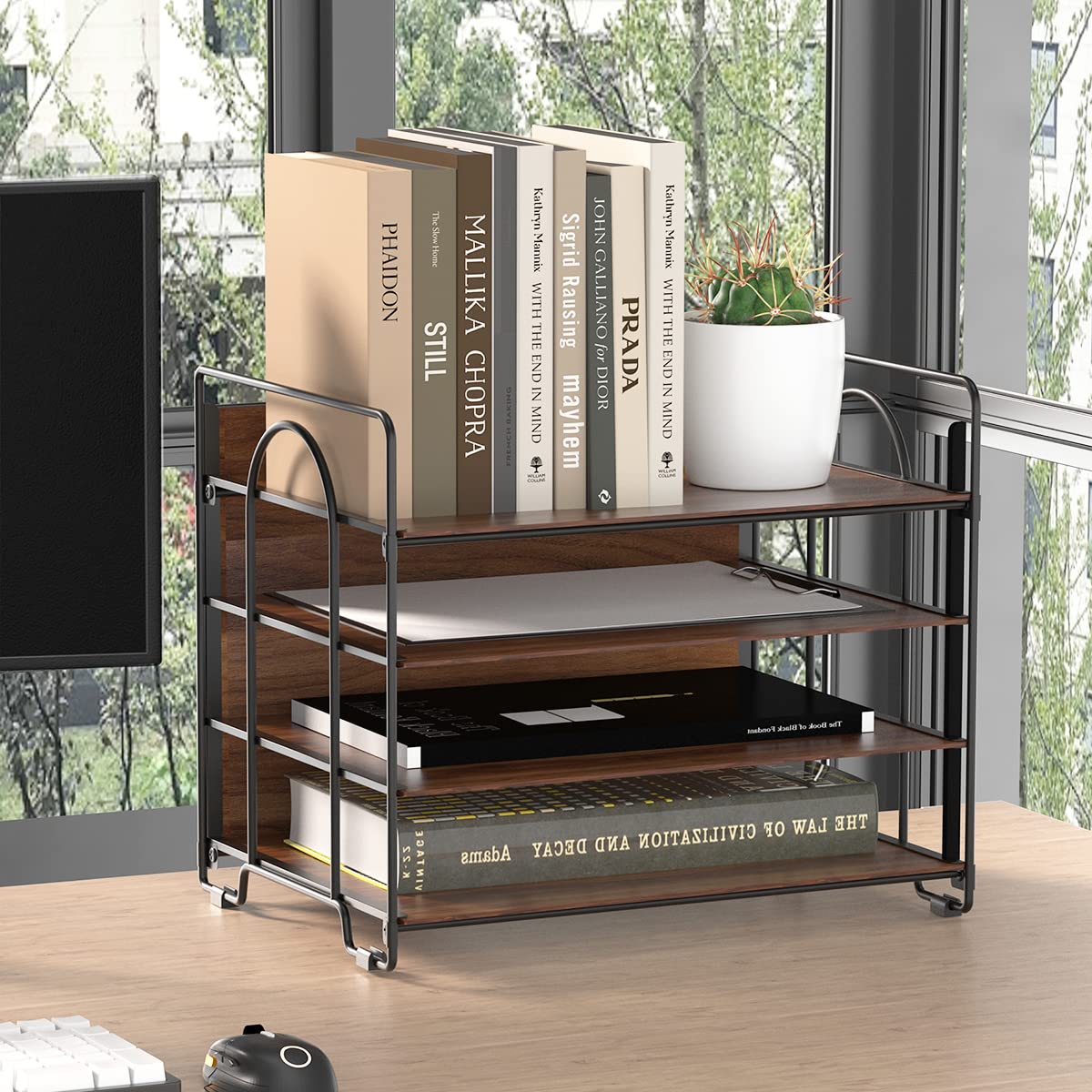 LUCYCAZ 4-Tier Wood and Metal Paper Organizer for Desk - Black File Tray for Office, Home & School Use - Perfect for Bills, Documents, Notebooks and Mail Organization