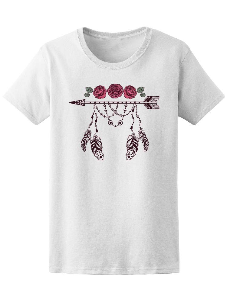 Boho Rose Flower Feather Print Women's T-Shirt - Soft Cotton Casual Tee for Summer, Music Festivals & Beach Outfits