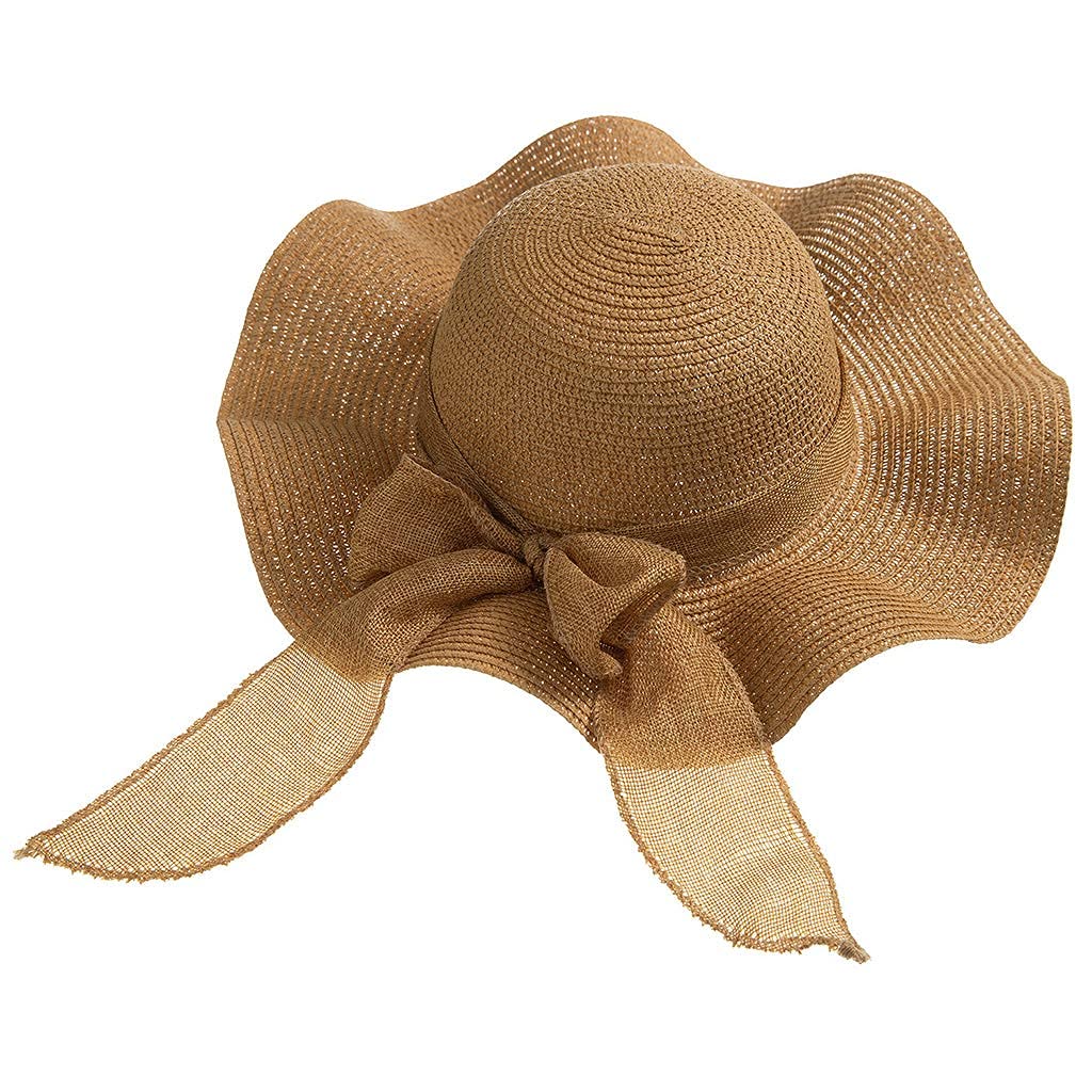 LKJHG Women's & Girls' Summer Straw Sun Hat with Wavy Wide Brim - UV Protection Beach Hat with Sweet Ribbon Bow for Mother Daughter - Perfect for Beach Travel, Hiking, Garden Parties & Outdoor Activities