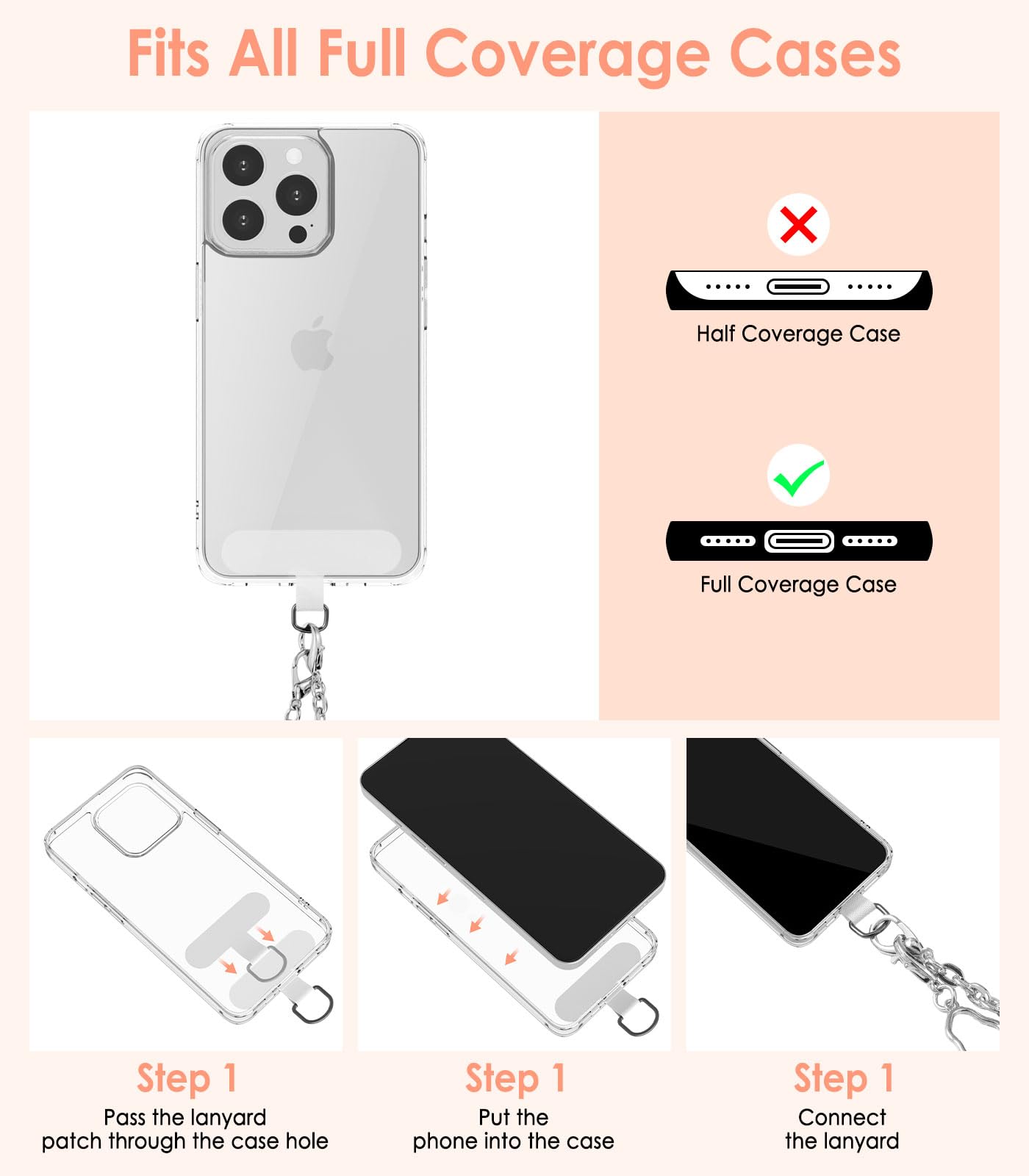 MoKo Universal Phone Lanyard Strap - Metal Crossbody Phone Chain for iPhone, Samsung & Smartphones | Includes Wrist Strap & 2 Lanyard Patches (Silver) | Perfect for Travel, Concerts & Hands-Free Convenience