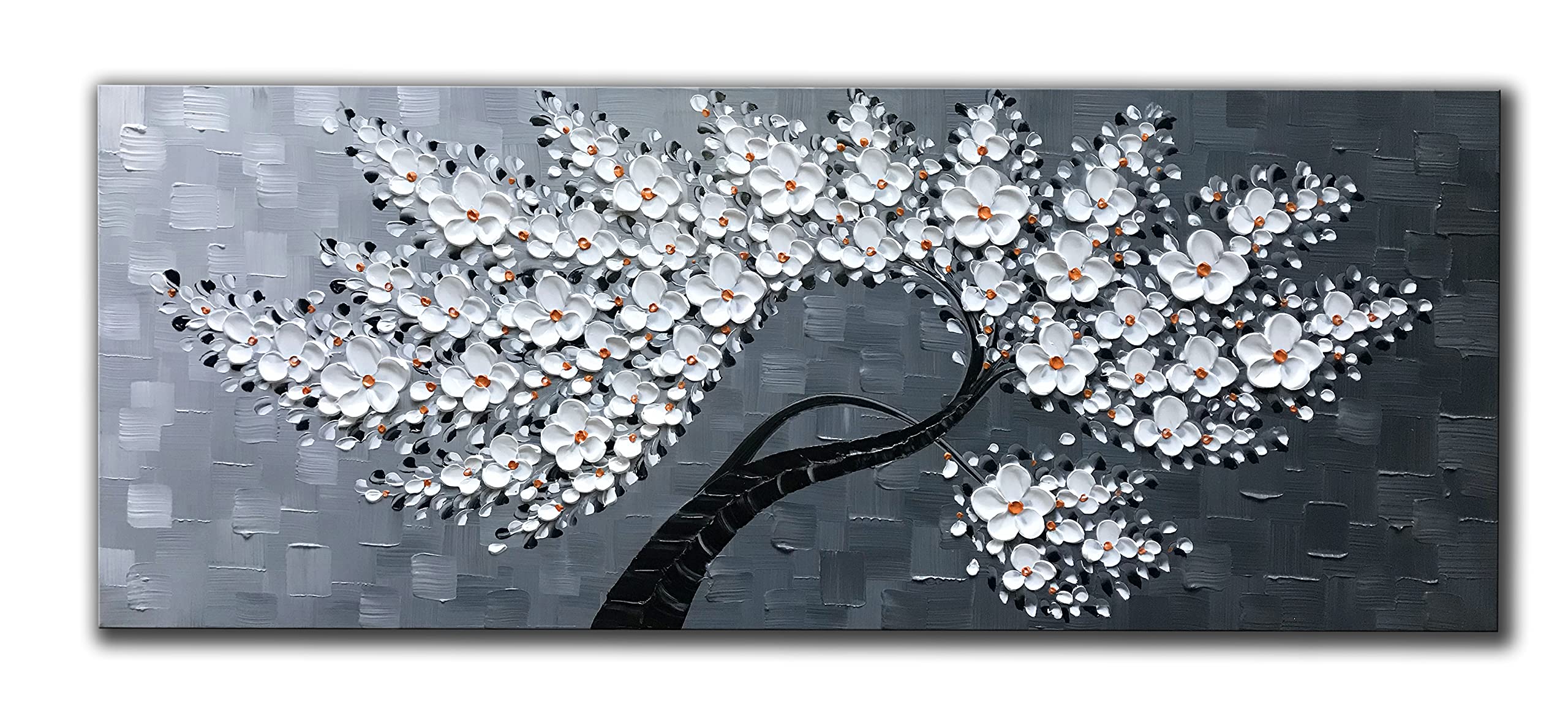 JELRINR Handmade Original Large Contemporary Oil Painting on Canvas - White Flower Tree Abstract Wall Art for Living Room Decor (24x60 Inches) | Perfect for Modern Home, Office & Gallery Display