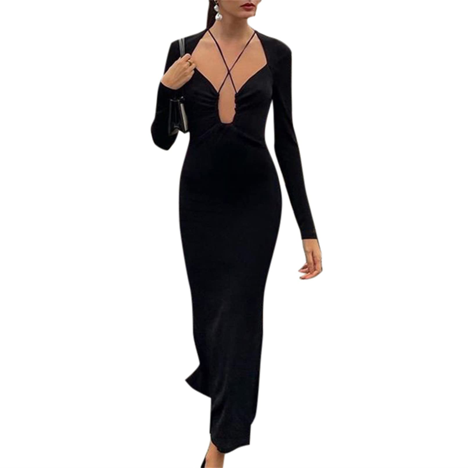 Raruxxin Women's Sexy Hollow Out Bodycon Maxi Dress - Long Sleeve Halter Neck Cut Out Party Dress for Evening, Club, Night Out & Special Occasions